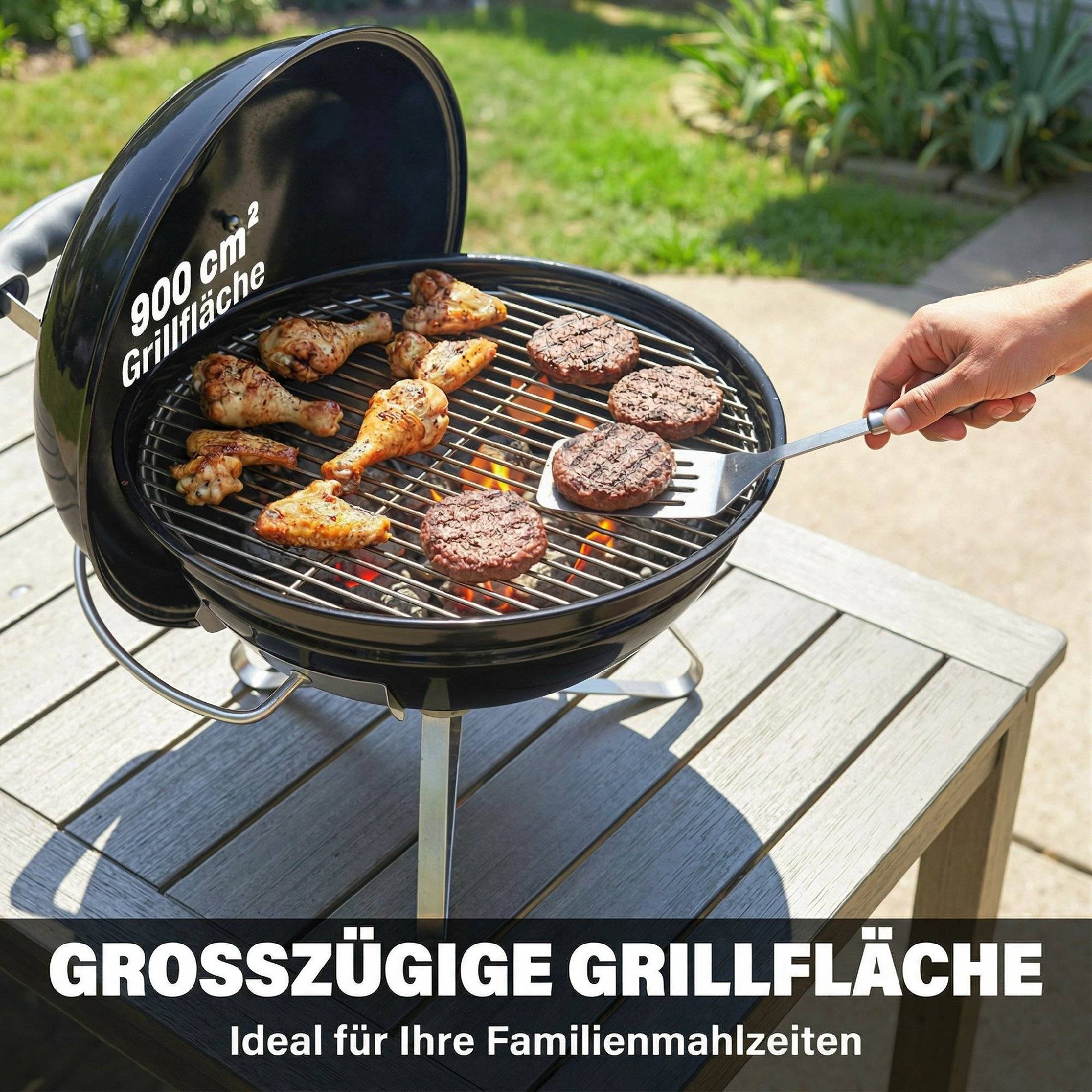 ComfortXL - Barbecue à charbon portable métal inox Ø41 x 44 cm noir camping balcon couvercle ventilé transport sécurisé - Image 7