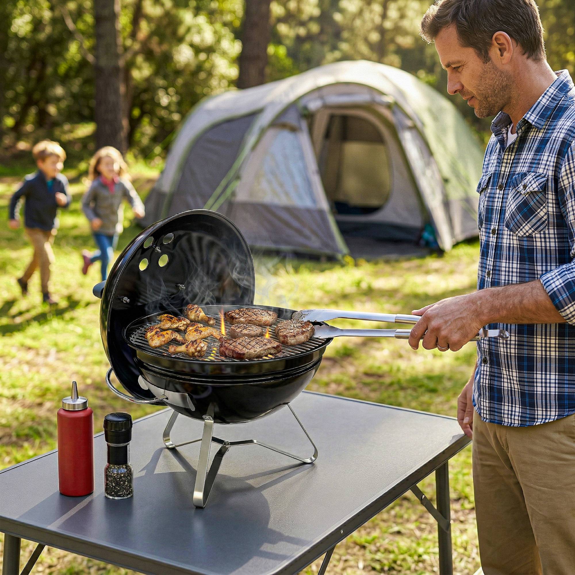 ComfortXL - Barbecue à charbon portable métal inox Ø41 x 44 cm noir camping balcon couvercle ventilé transport sécurisé - Image 8