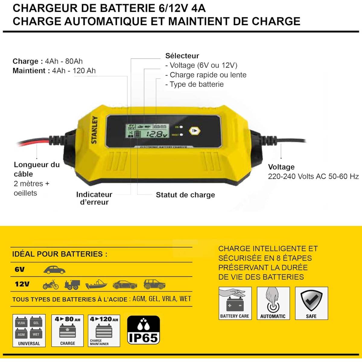 stanley - Chargeur de batterie intelligent 4A 230V 6/12V Voiture Moto Microprocesseur Ecran LCD Maintient de charge Stanley - Image 4