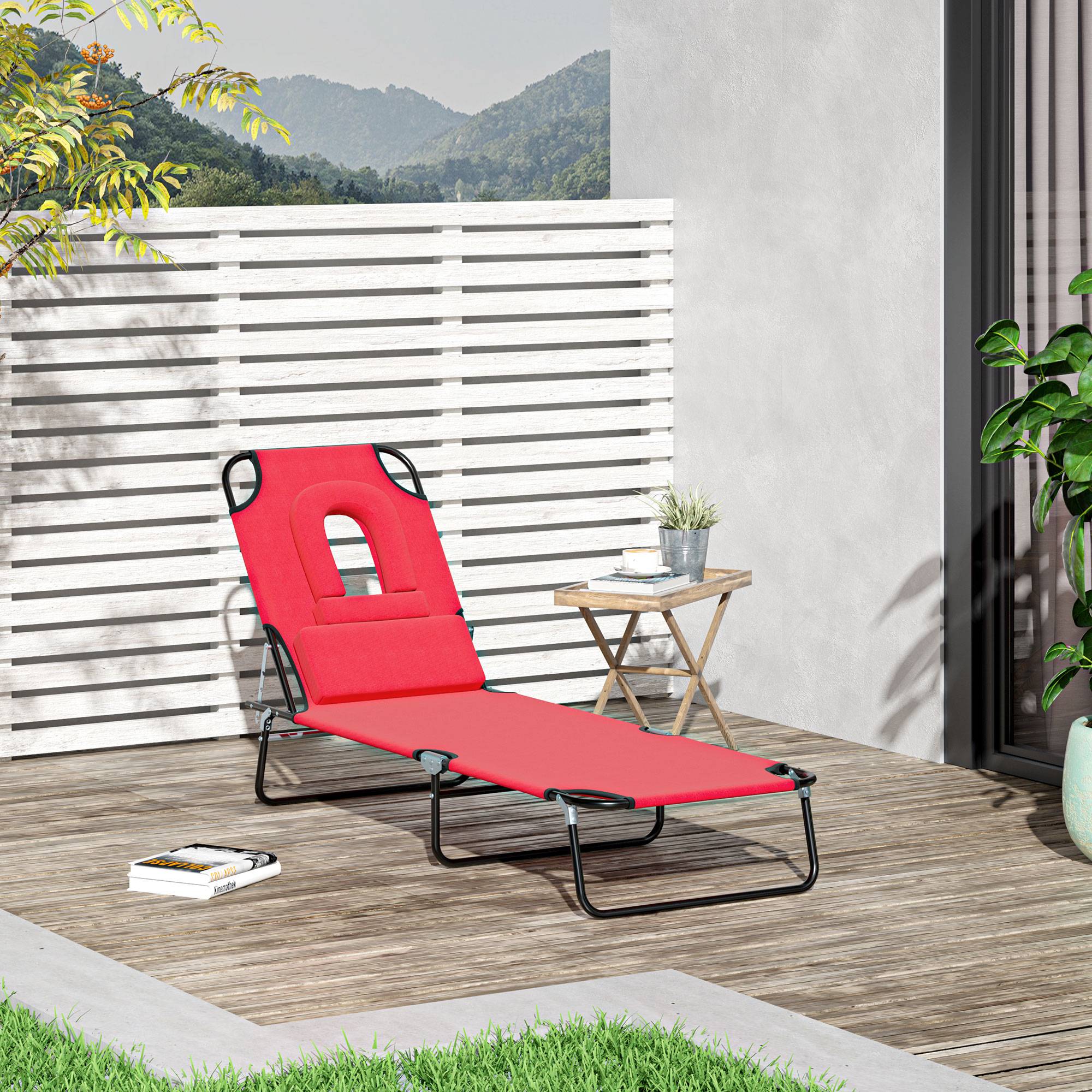 Bain de Soleil Pliable transat inclinable 4 Positions Chaise Longue 3 Coussins fournis Rouge - Image 3
