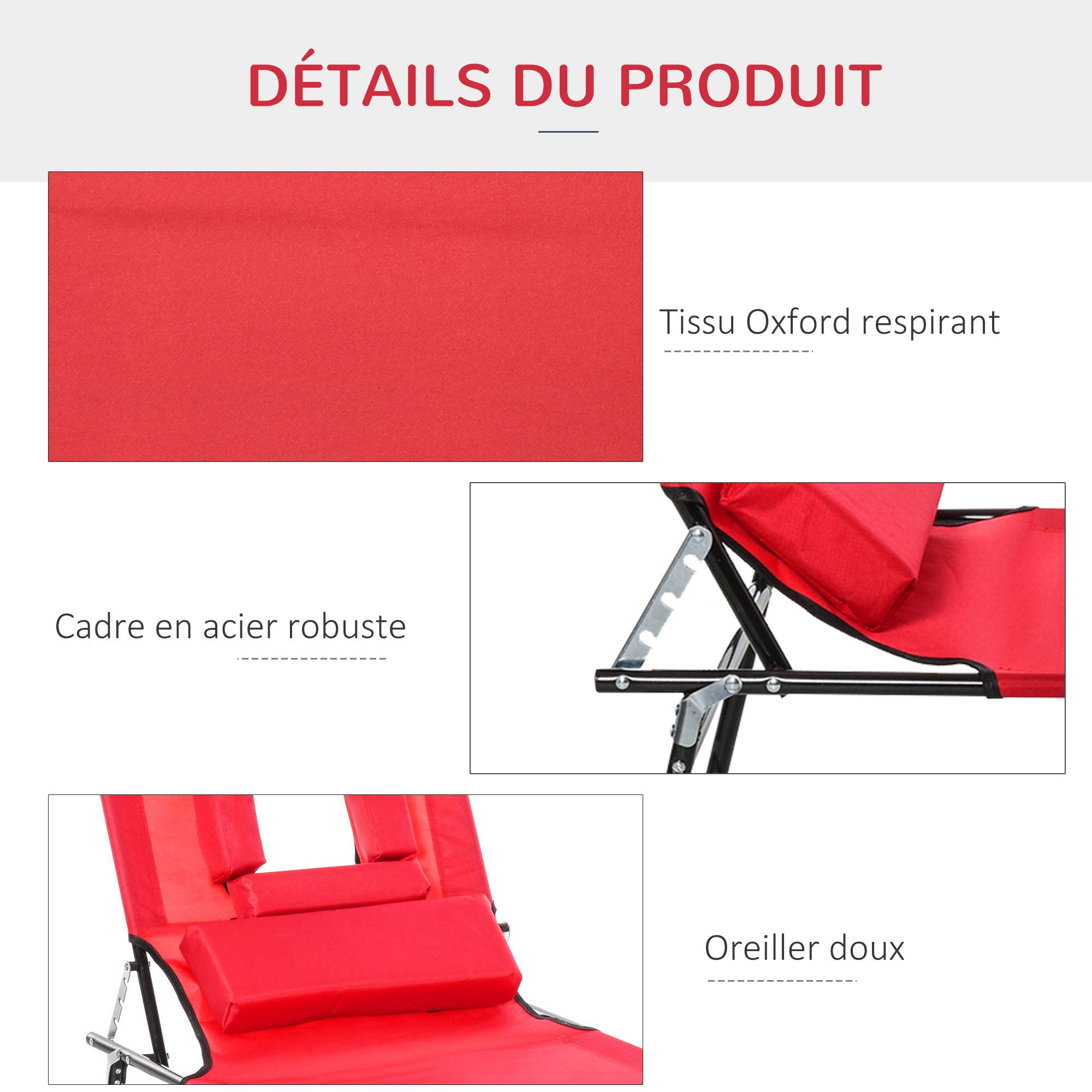 Bain de Soleil Pliable transat inclinable 4 Positions Chaise Longue 3 Coussins fournis Rouge - Image 8