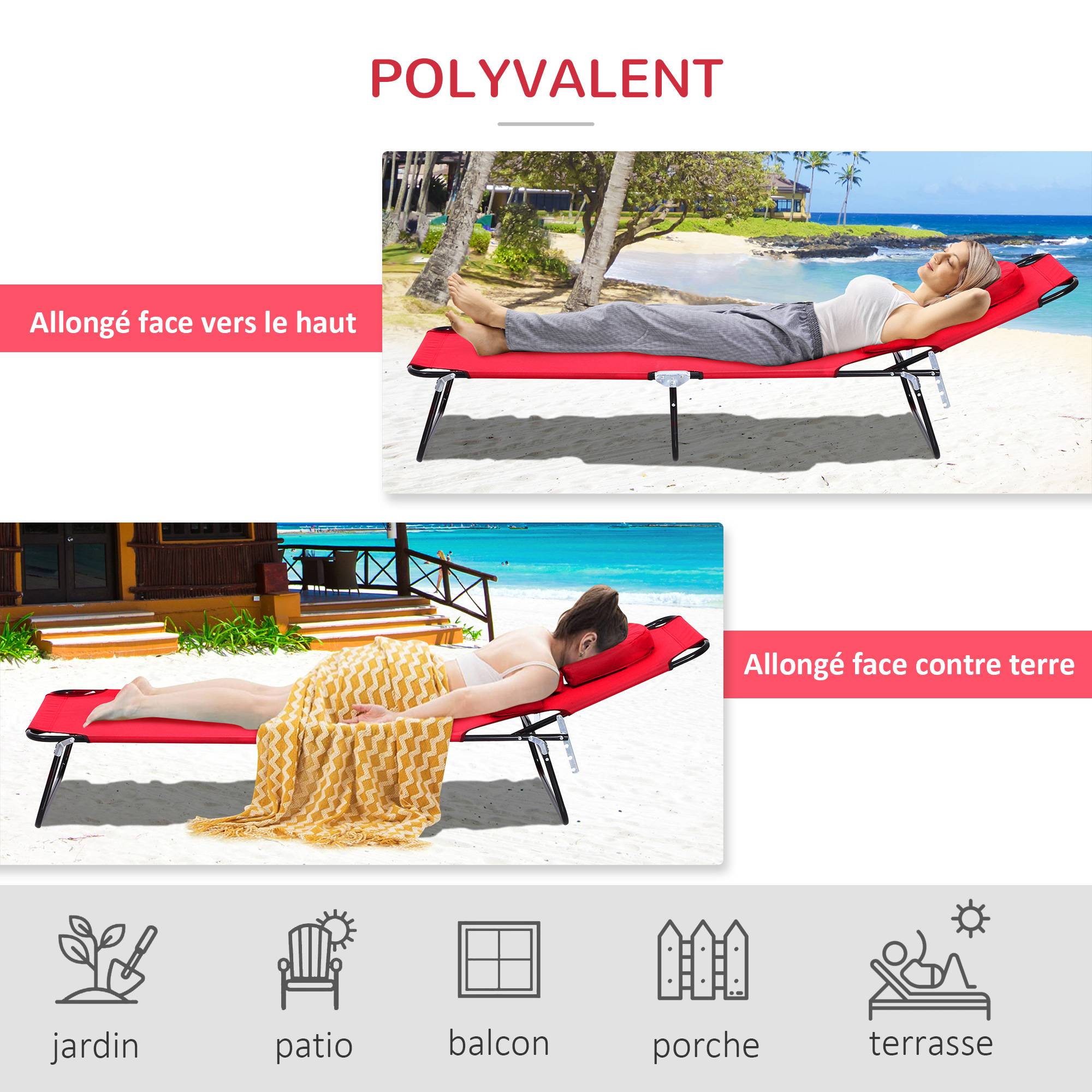Bain de Soleil Pliable transat inclinable 4 Positions Chaise Longue 3 Coussins fournis Rouge - Image 7