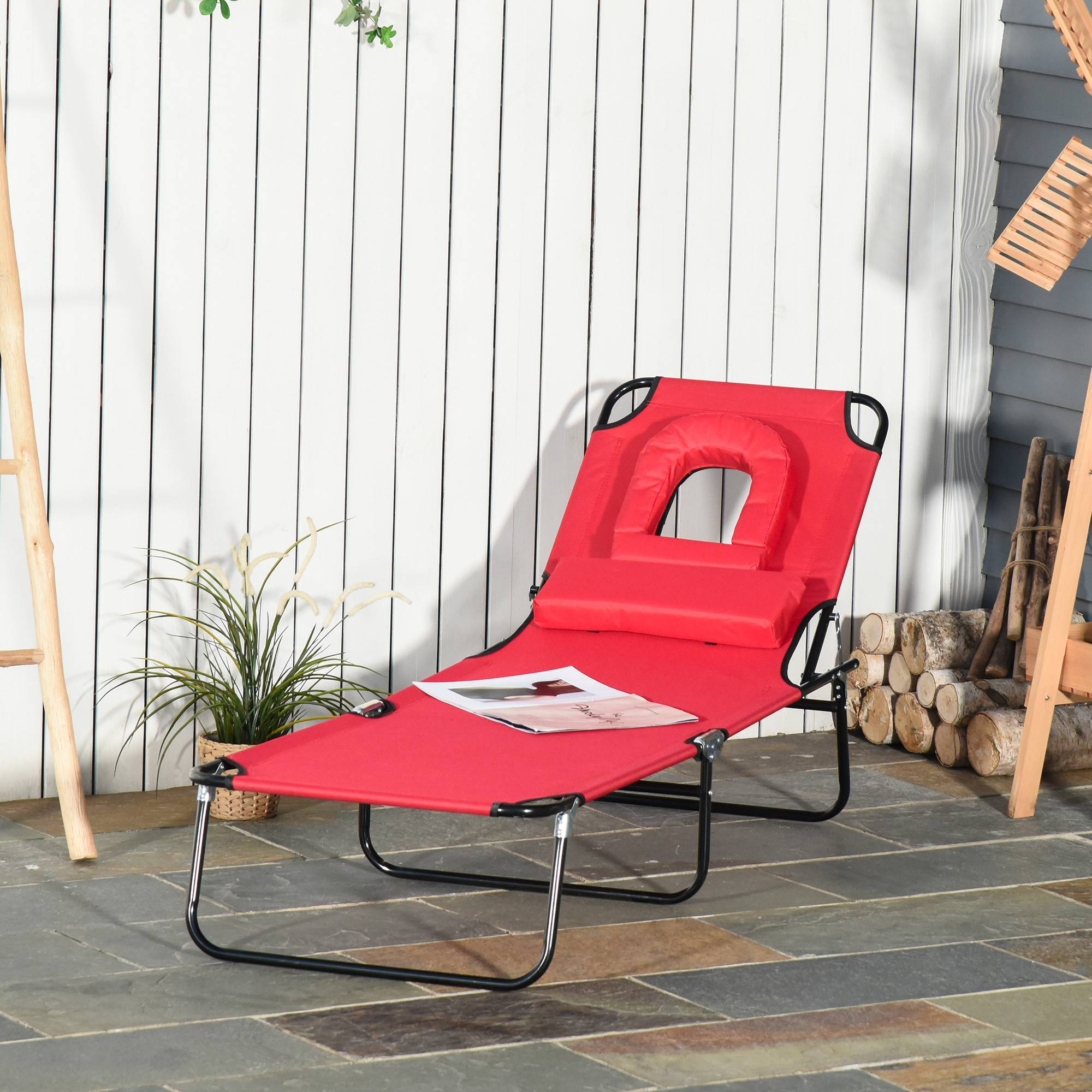 Bain de Soleil Pliable transat inclinable 4 Positions Chaise Longue 3 Coussins fournis Rouge - Image 4