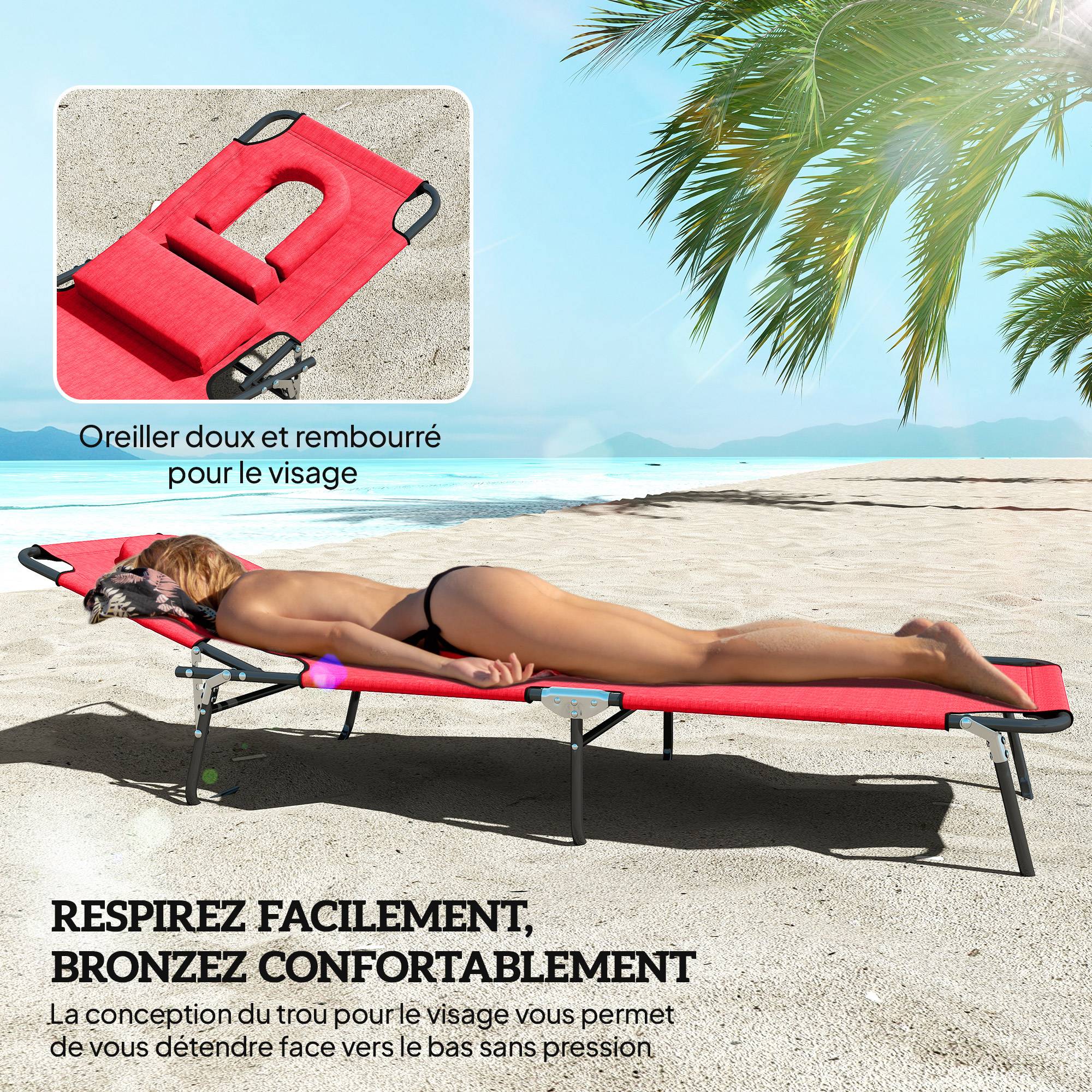 Bain de Soleil Pliable transat inclinable 4 Positions Chaise Longue 3 Coussins fournis Rouge - Image 9