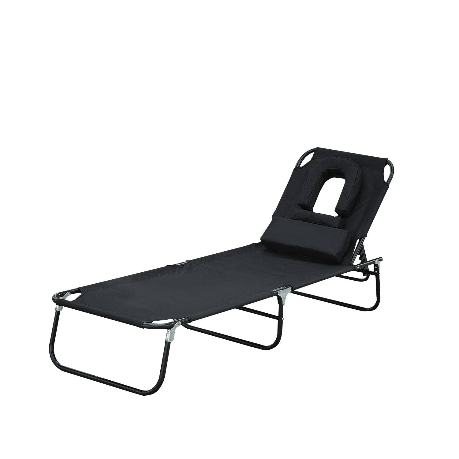 Transat de jardin avec dossier réglable sur 4 positions, coussin, structure en acier et trou de lecture, 190 x 56 x 28 cm, noir - Image 1