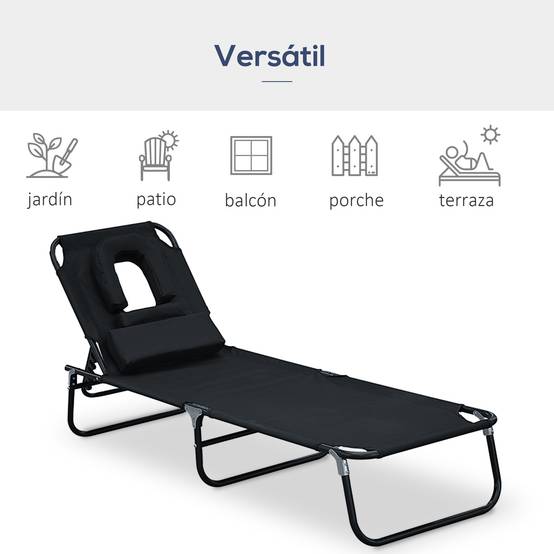 Transat de jardin avec dossier réglable sur 4 positions, coussin, structure en acier et trou de lecture, 190 x 56 x 28 cm, noir - Image 7