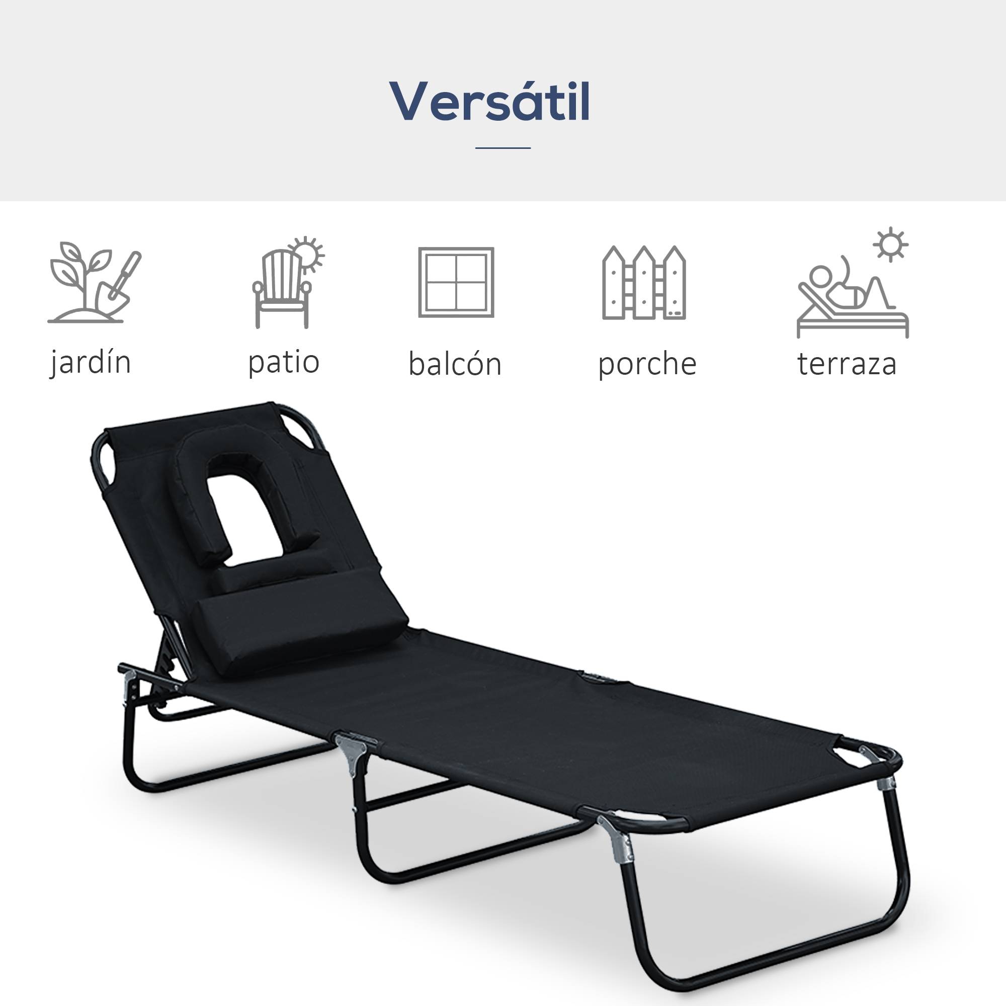 Transat de jardin avec dossier réglable sur 4 positions, coussin, structure en acier et trou de lecture, 190 x 56 x 28 cm, noir - Image 7