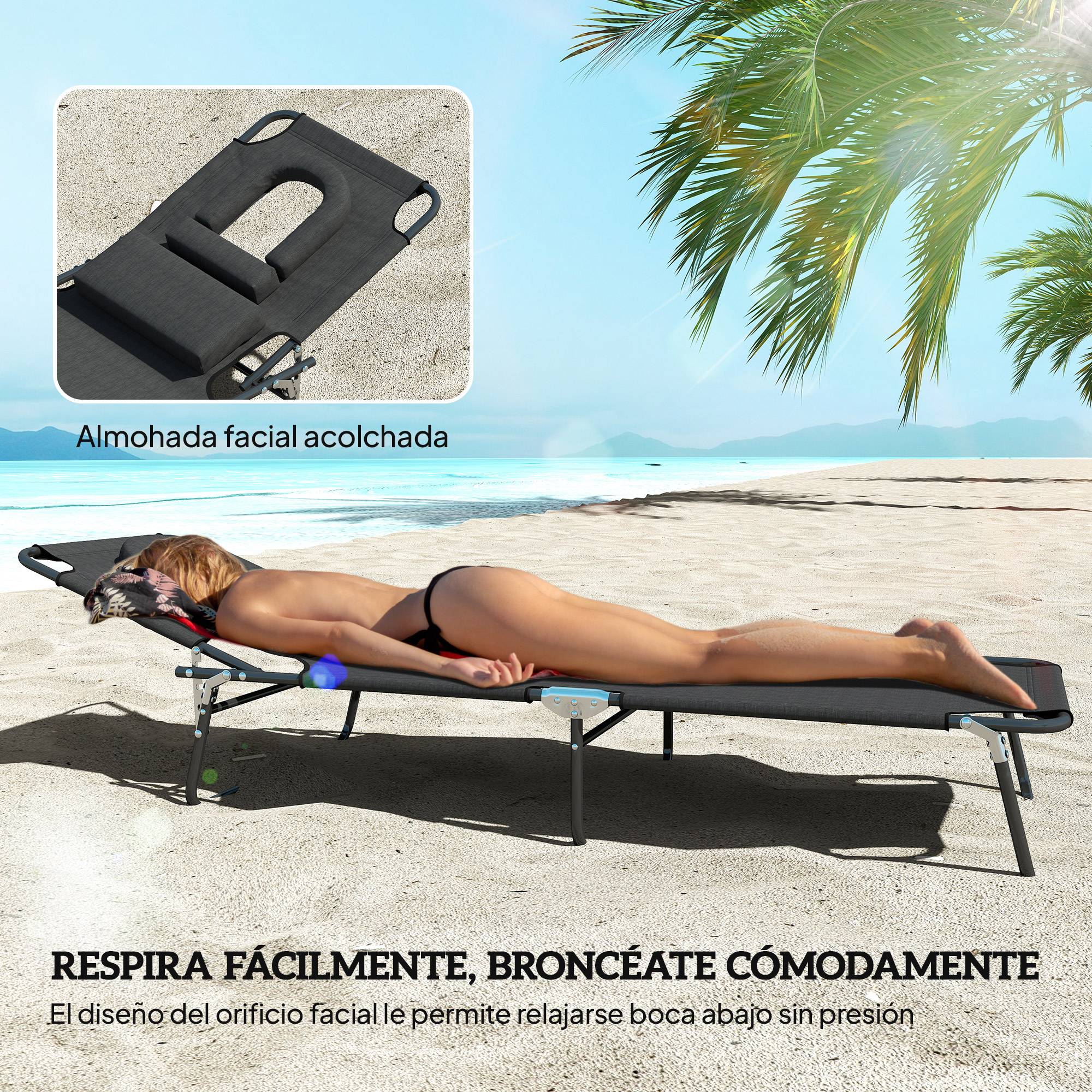 Transat de jardin avec dossier réglable sur 4 positions, coussin, structure en acier et trou de lecture, 190 x 56 x 28 cm, noir - Image 9