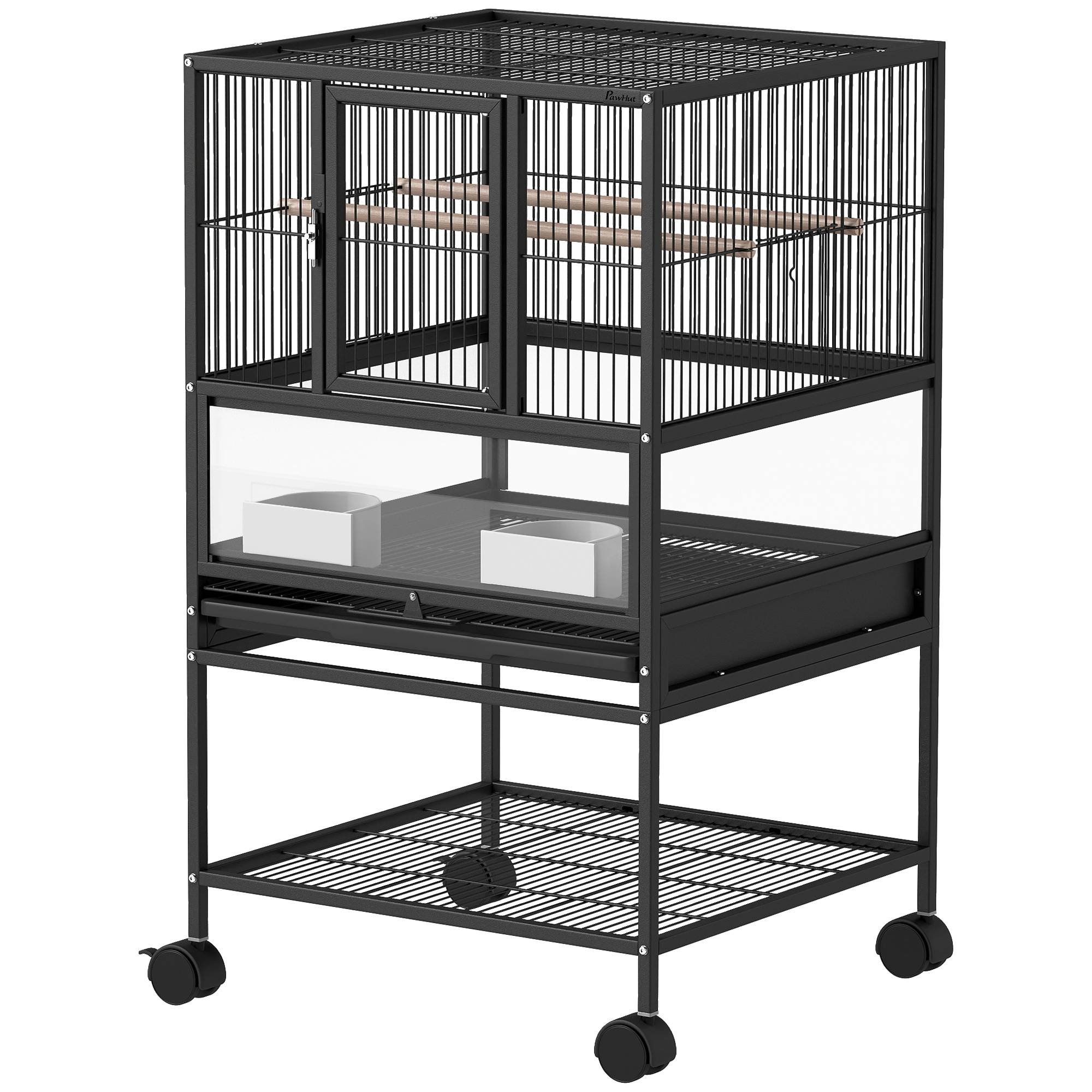 Cage à oiseaux avec étagère inférieure, plateau et grille amovibles, acier et polypropylène, 48 x 46 x 83 cm, noire - Image 2