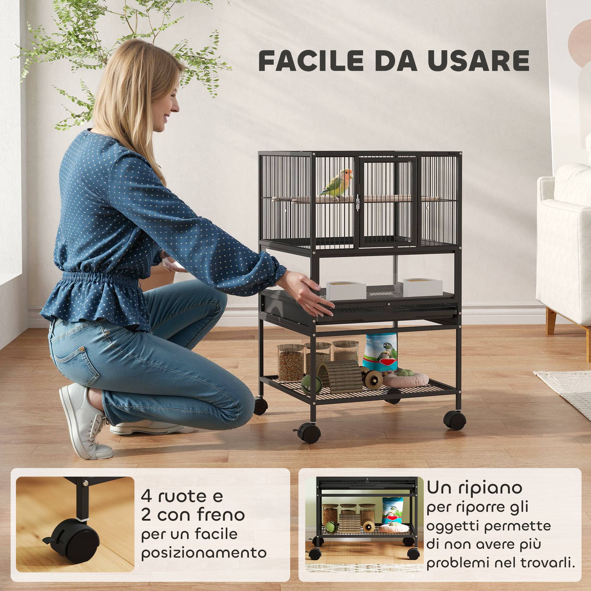 Cage à oiseaux avec étagère inférieure, plateau et grille amovibles, acier et polypropylène, 48 x 46 x 83 cm, noire - Image 9