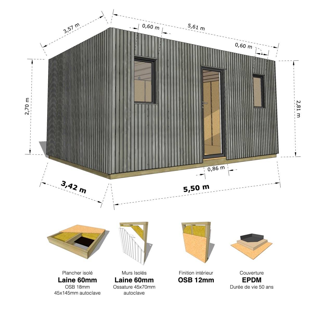 Sans Marque - STUDIO DE JARDIN / 19,5 m2 - 5,55 x 3,52m / Plancher isolé / Bardage Gris / Intérieur OSB / Livraison Gratuite / Studio Français - Image 1