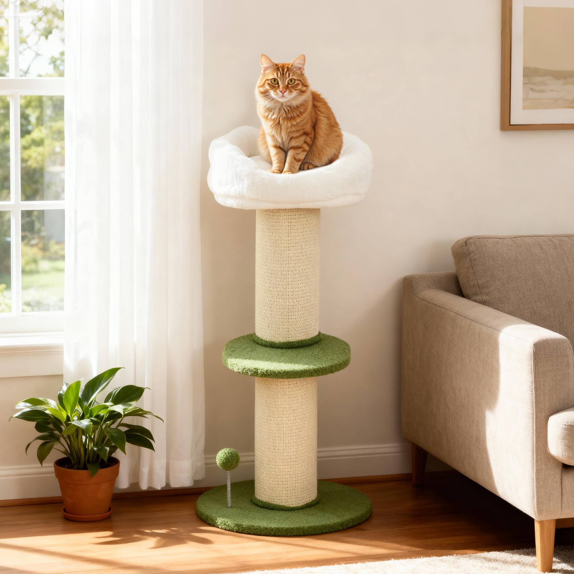 Arbre à chat à fleurs à 3 niveaux, tonneau à gratter pour chats plateforme et balle poteau en sisal, Ø 45 x 92 cm, vert - Image 3
