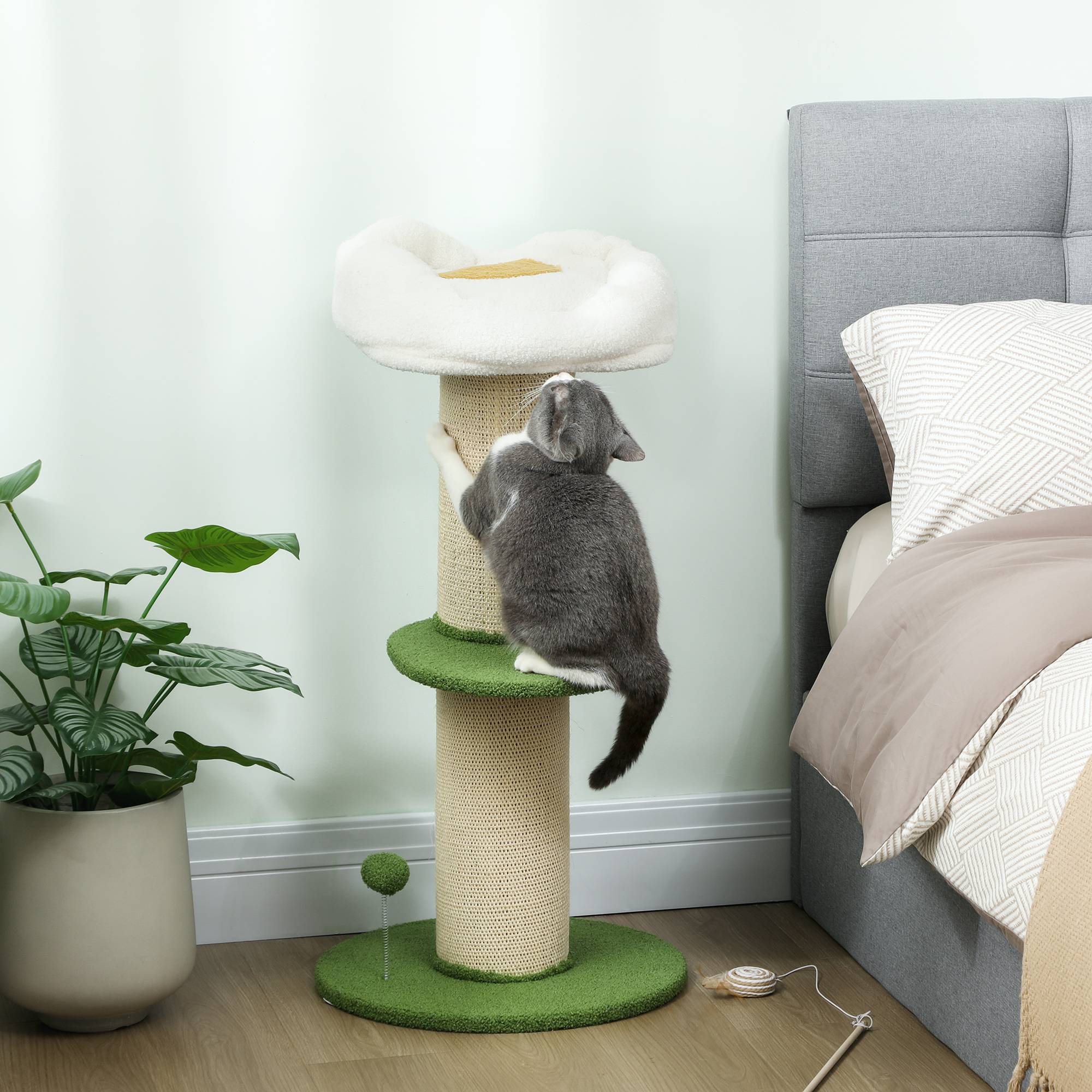 Arbre à chat à fleurs à 3 niveaux, tonneau à gratter pour chats plateforme et balle poteau en sisal, Ø 45 x 92 cm, vert - Image 4