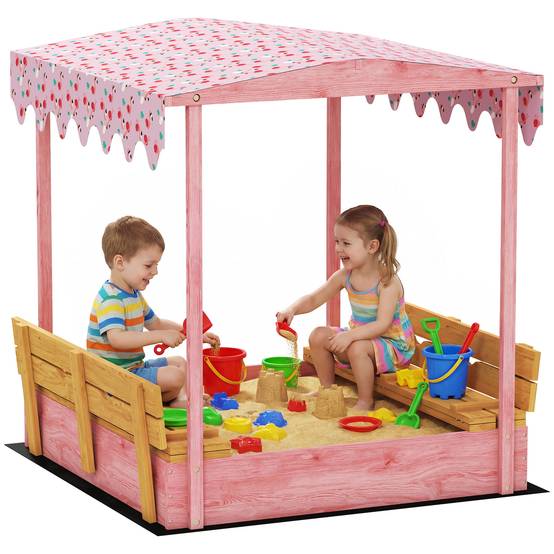 Bac à sable en bois avec couvercle, bac à sable enfant extérieur avec siège pliable toile imprimée flamants roses - Image 1