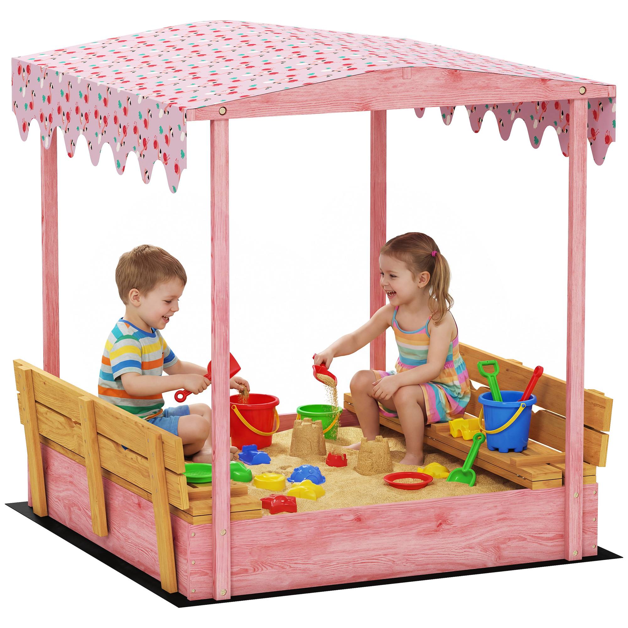 Bac à sable en bois avec couvercle, bac à sable enfant extérieur avec siège pliable toile imprimée flamants roses - Image 1
