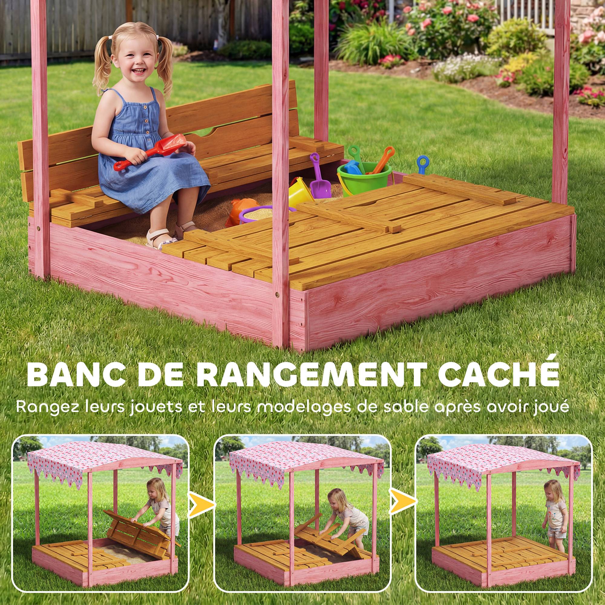 Bac à sable en bois avec couvercle, bac à sable enfant extérieur avec siège pliable toile imprimée flamants roses - Image 6