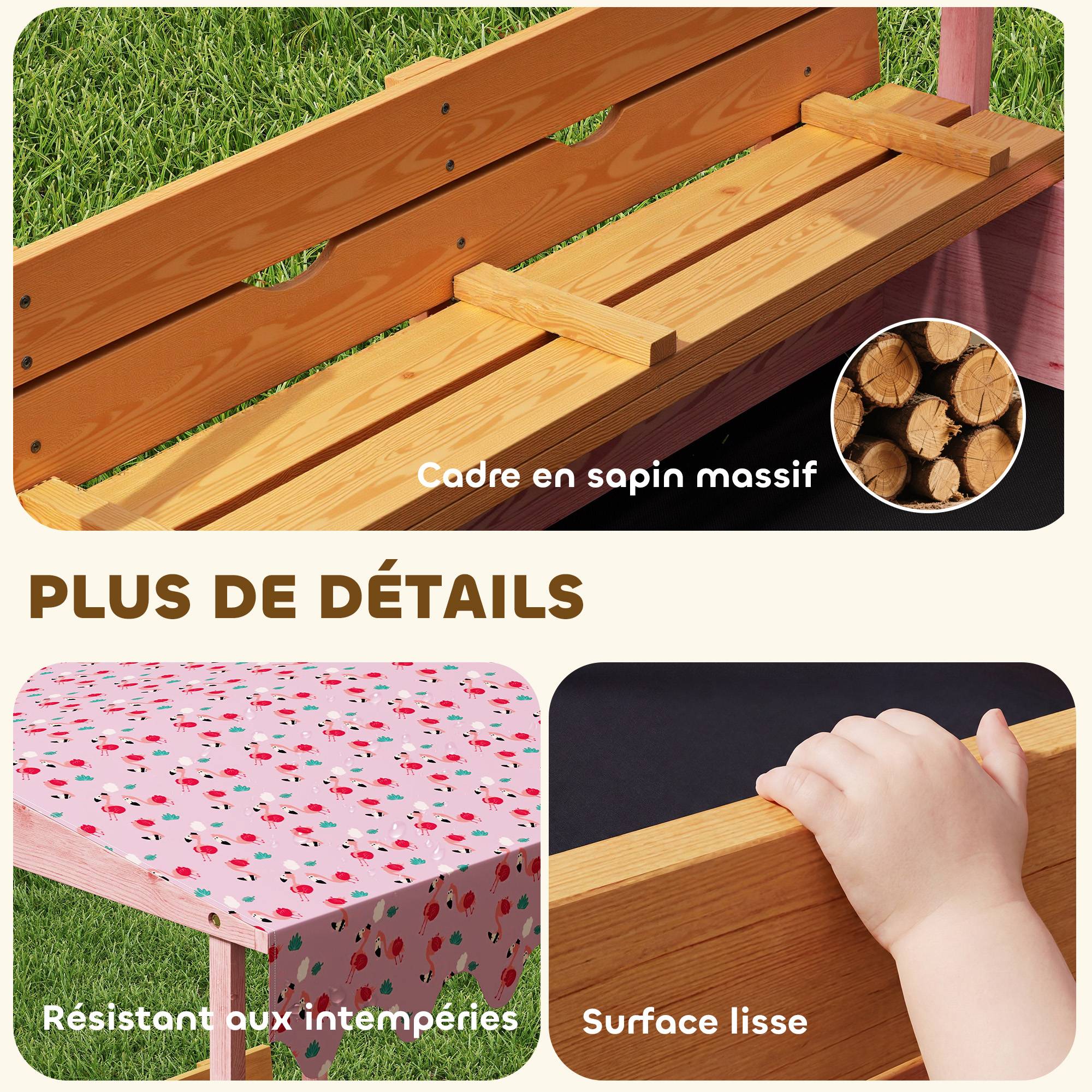 Bac à sable en bois avec couvercle, bac à sable enfant extérieur avec siège pliable toile imprimée flamants roses - Image 9