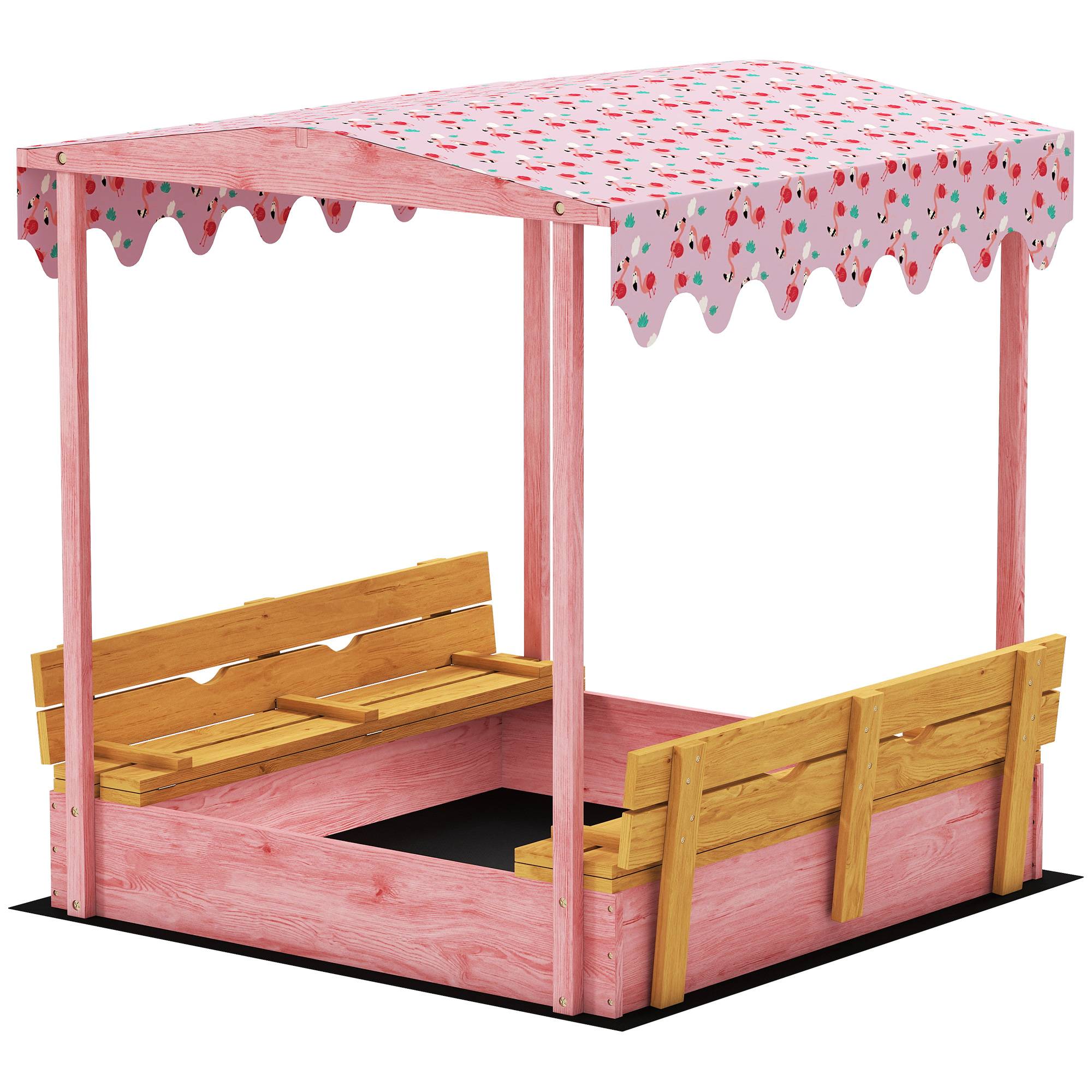 Bac à sable en bois avec couvercle, bac à sable enfant extérieur avec siège pliable toile imprimée flamants roses - Image 2