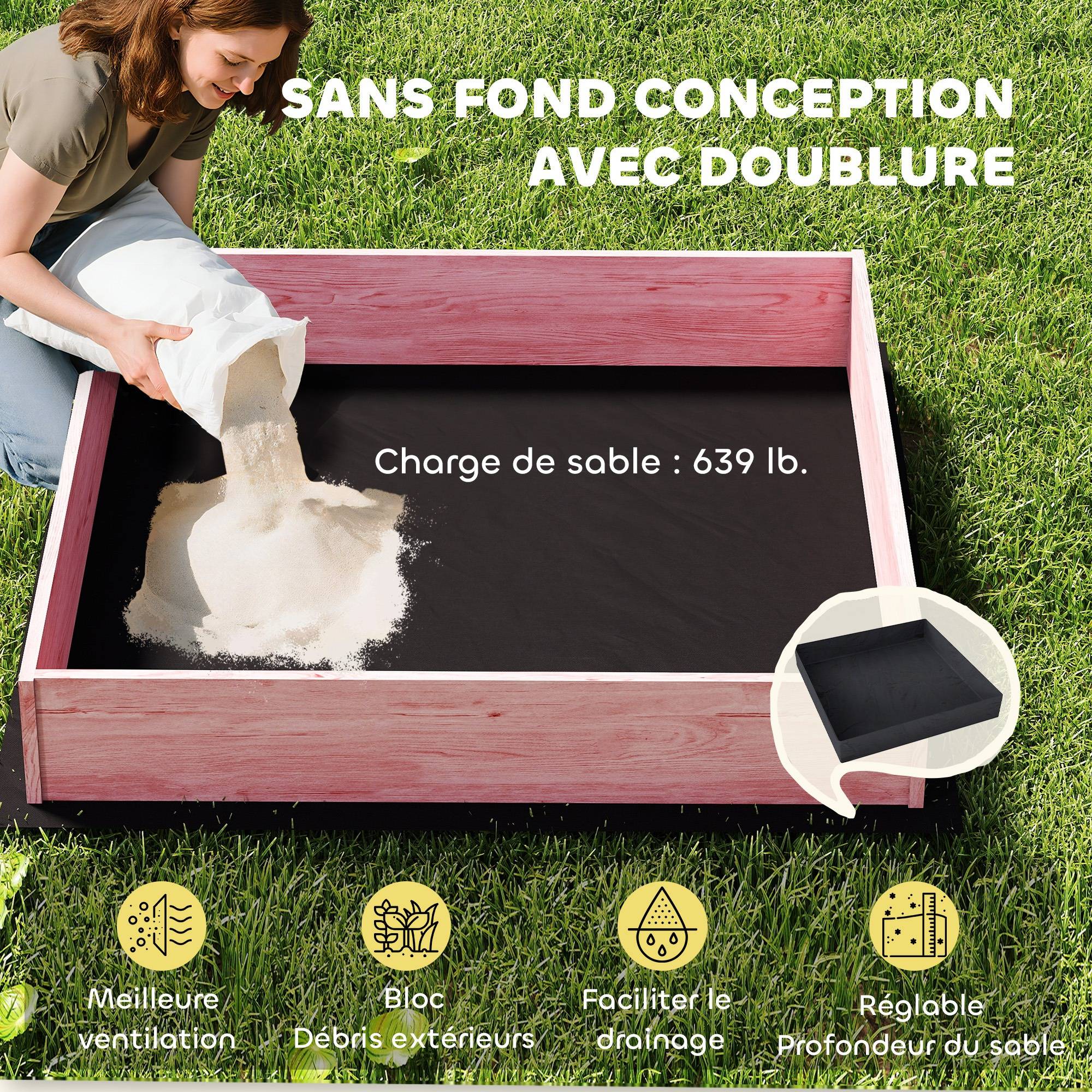 Bac à sable en bois avec couvercle, bac à sable enfant extérieur avec siège pliable toile imprimée flamants roses - Image 8
