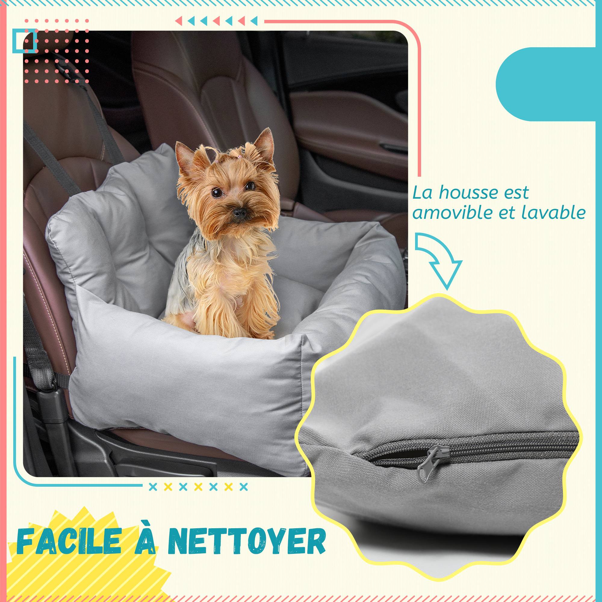Siège auto animal rembourré coton PP épais, fond antidérapant, 50x54x33 cm, gris foncé. - Image 7