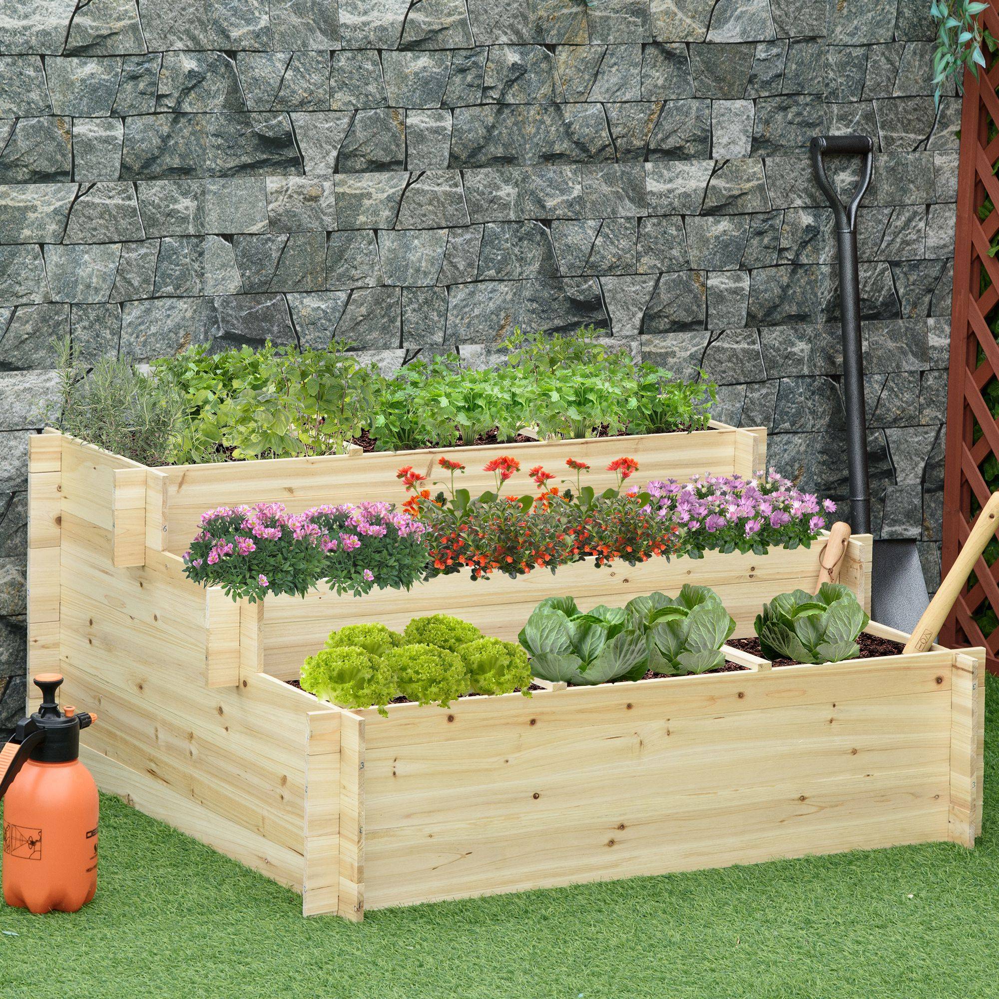 Carré potager 3 niveaux bois sapin jardin 9 zones culture géotextile 117x100x54cm - ComfortXL Outdoor Living - Image 3