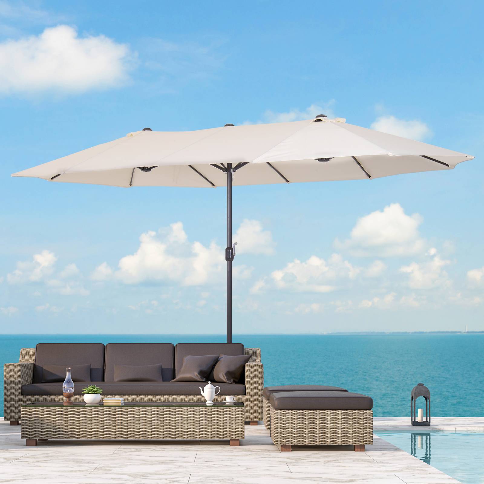 Outsunny - Parasol de jardin XXL 4,55x2,7x2,4m ouverture/fermeture manivelle acier polyester haute densité crème - Outsunny - Image 2