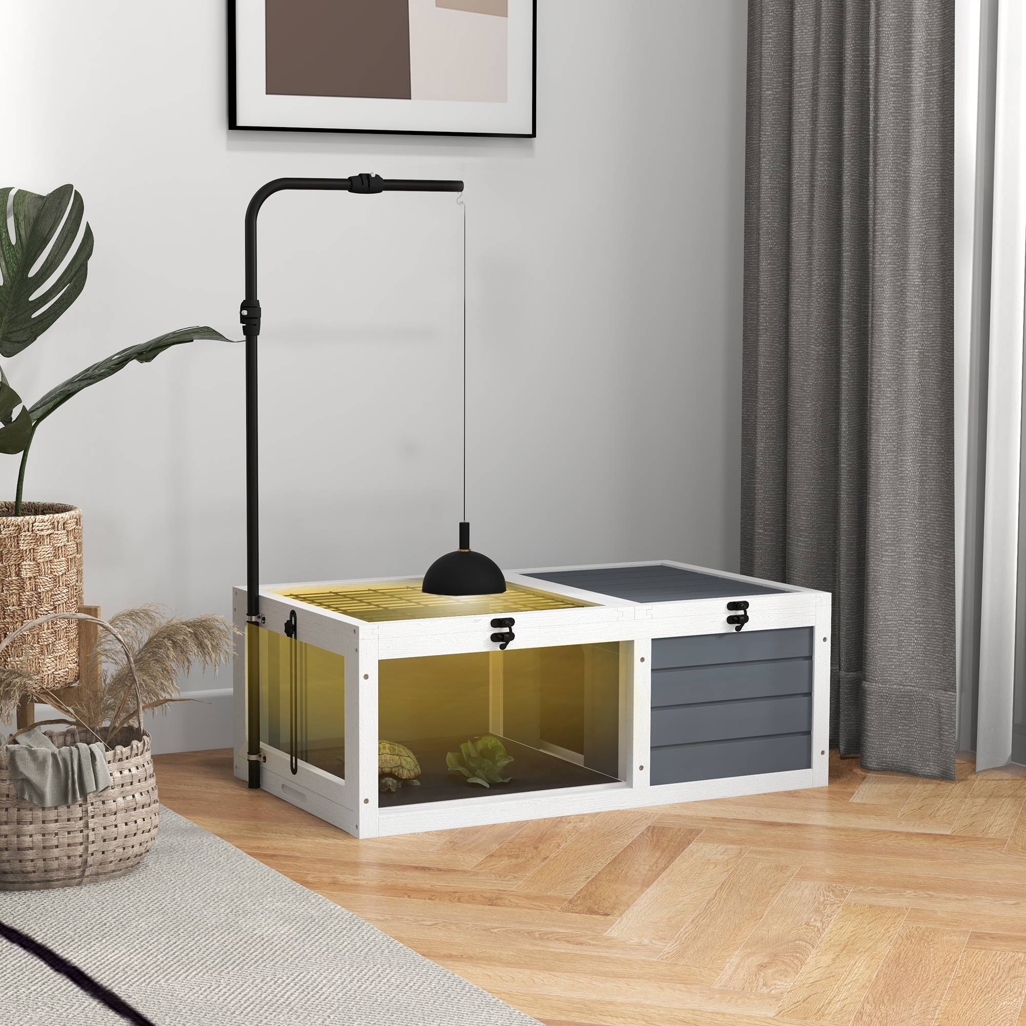 Maison enclos cage pour petit animal tortue avec 2 espaces support de lampe réglable 81 x 48 x 31,5 cm gris - Image 3