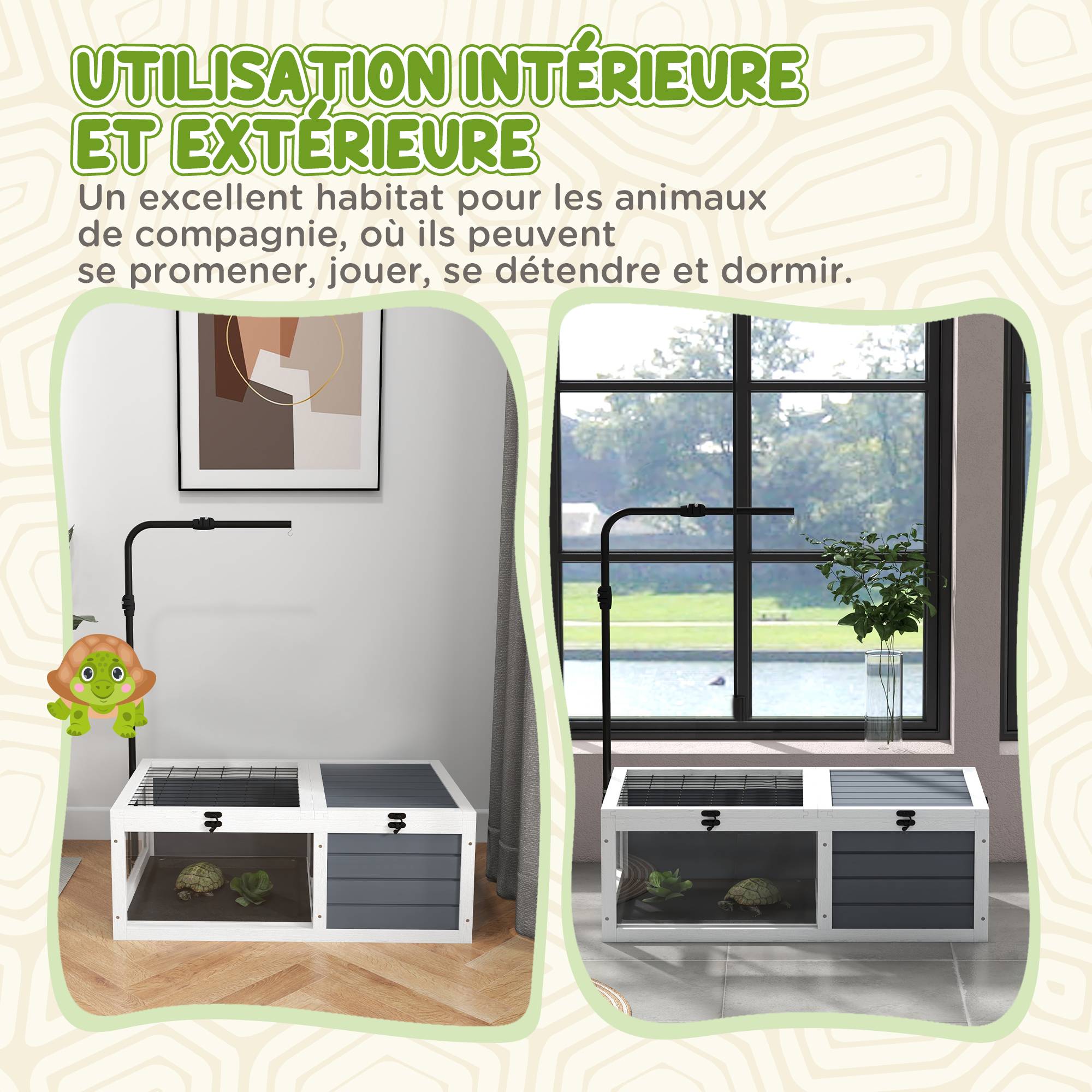 Maison enclos cage pour petit animal tortue avec 2 espaces support de lampe réglable 81 x 48 x 31,5 cm gris - Image 10