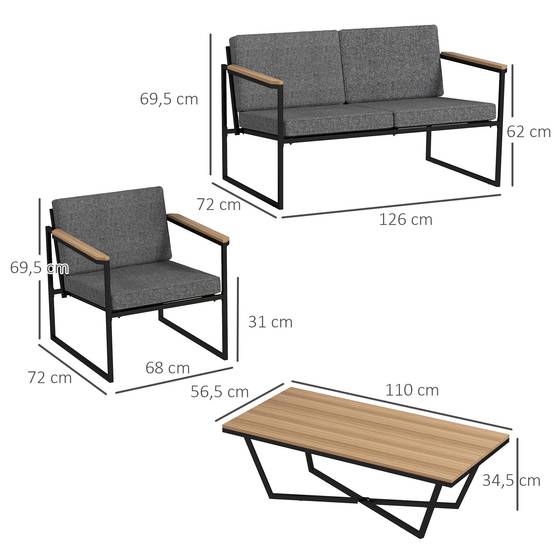 Mobilier de jardin 4 places : canapé 2 places + 2 fauteuils + coussins + table d'appoint, gris - Image 3