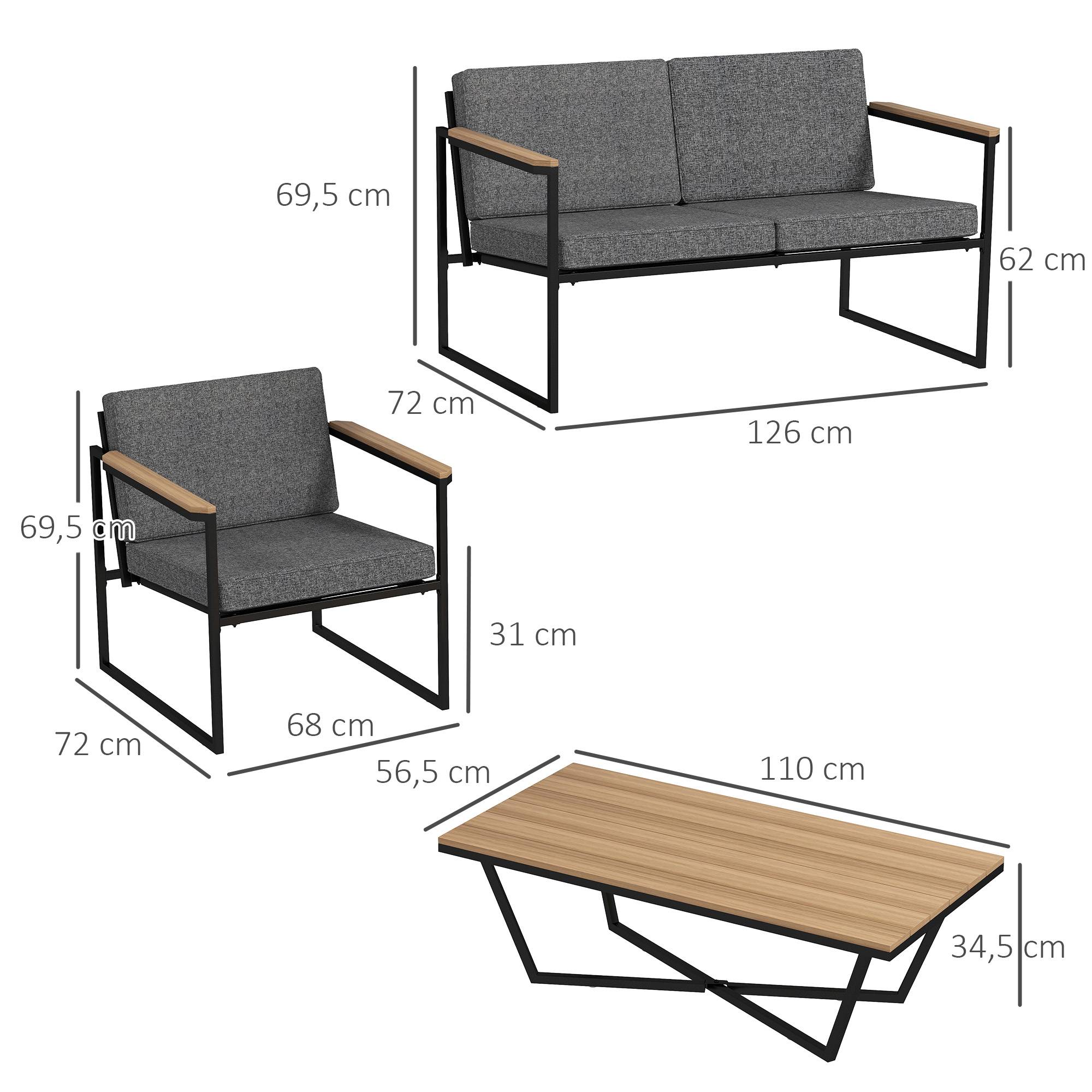Mobilier de jardin 4 places : canapé 2 places + 2 fauteuils + coussins + table d'appoint, gris - Image 3