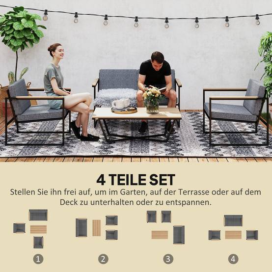 Mobilier de jardin 4 places : canapé 2 places + 2 fauteuils + coussins + table d'appoint, gris - Image 4