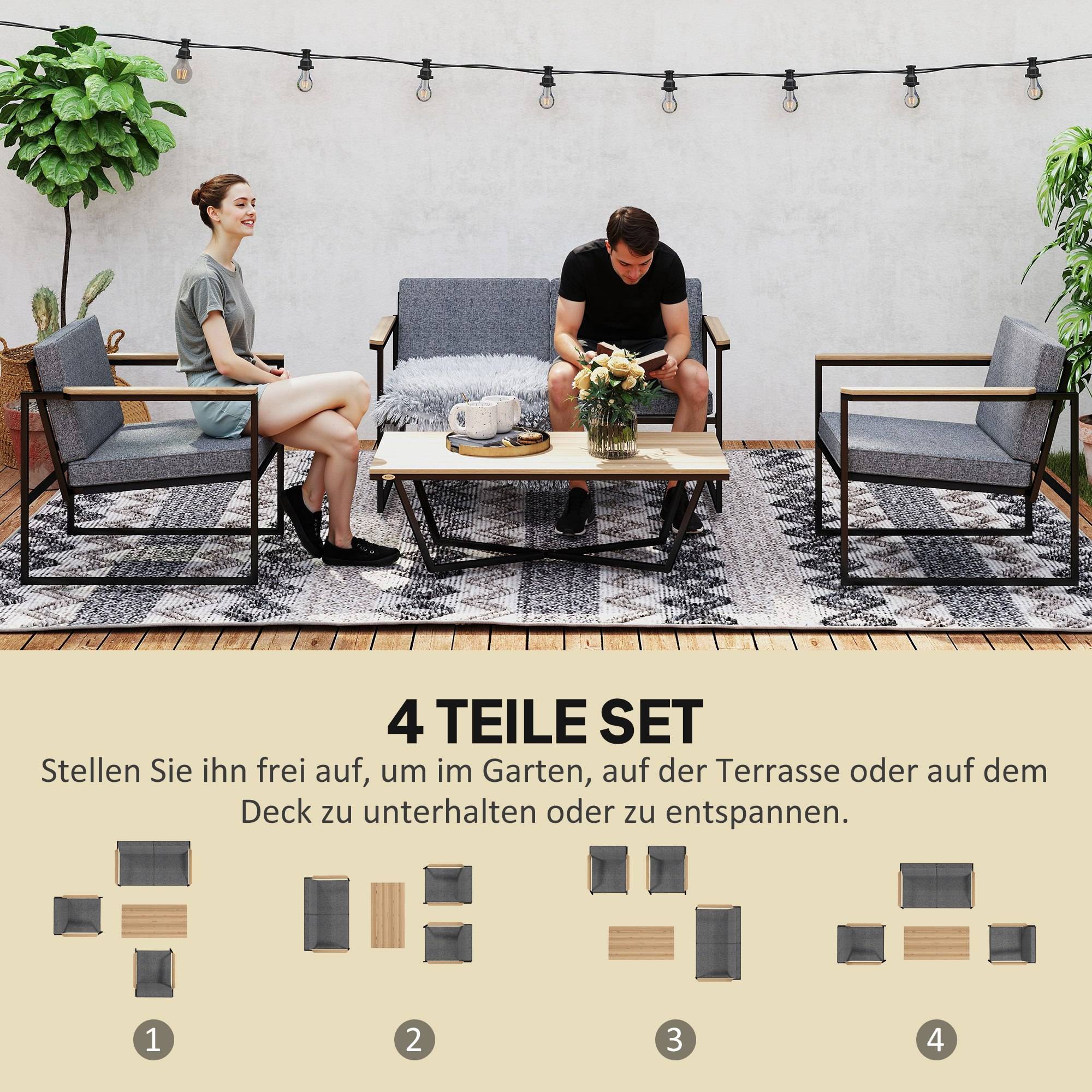 Mobilier de jardin 4 places : canapé 2 places + 2 fauteuils + coussins + table d'appoint, gris - Image 4