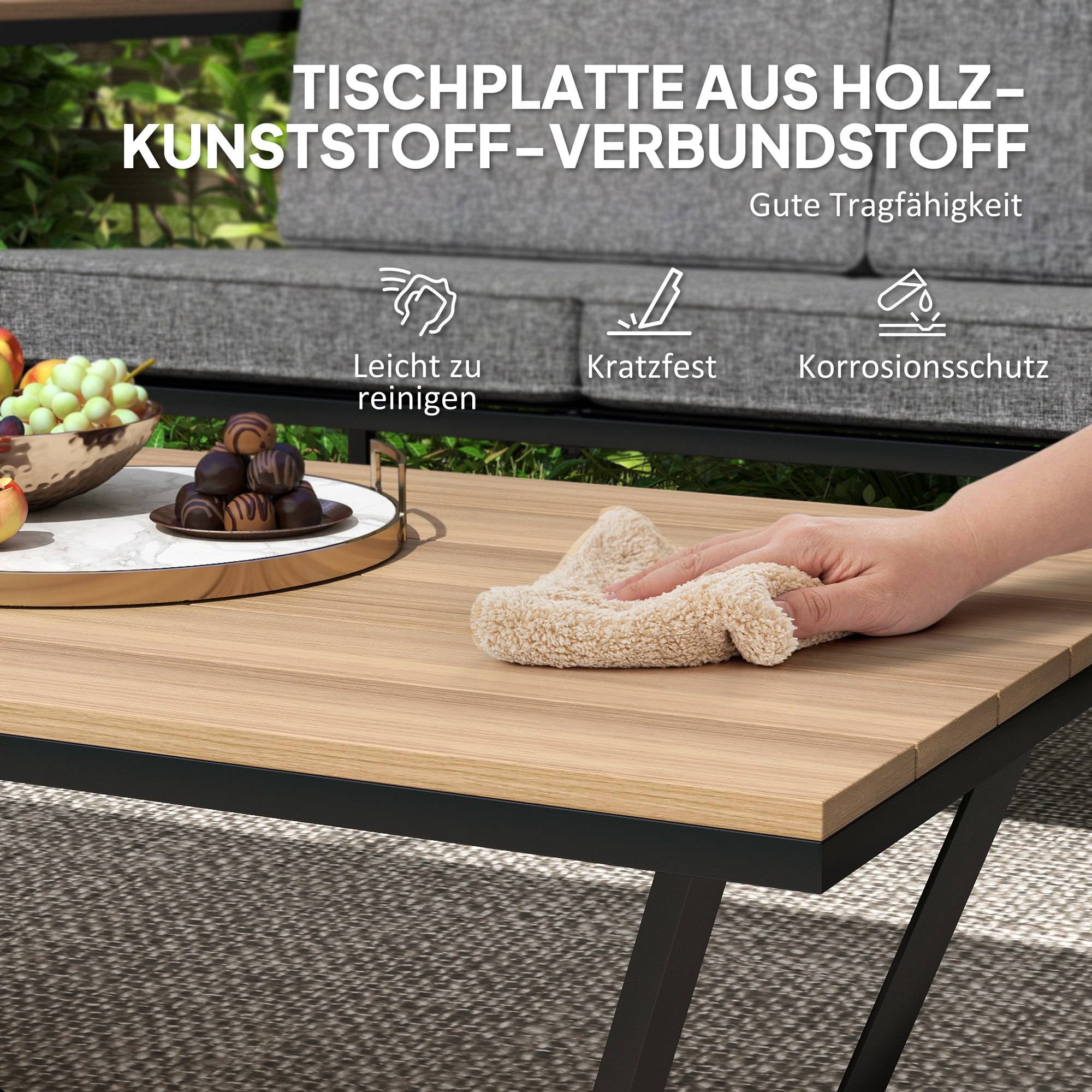 Mobilier de jardin 4 places : canapé 2 places + 2 fauteuils + coussins + table d'appoint, gris - Image 7