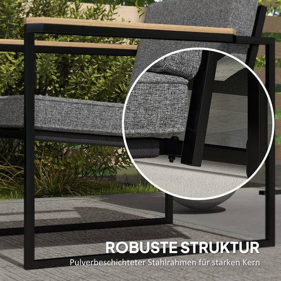 Mobilier de jardin 4 places : canapé 2 places + 2 fauteuils + coussins + table d'appoint, gris - Image 6