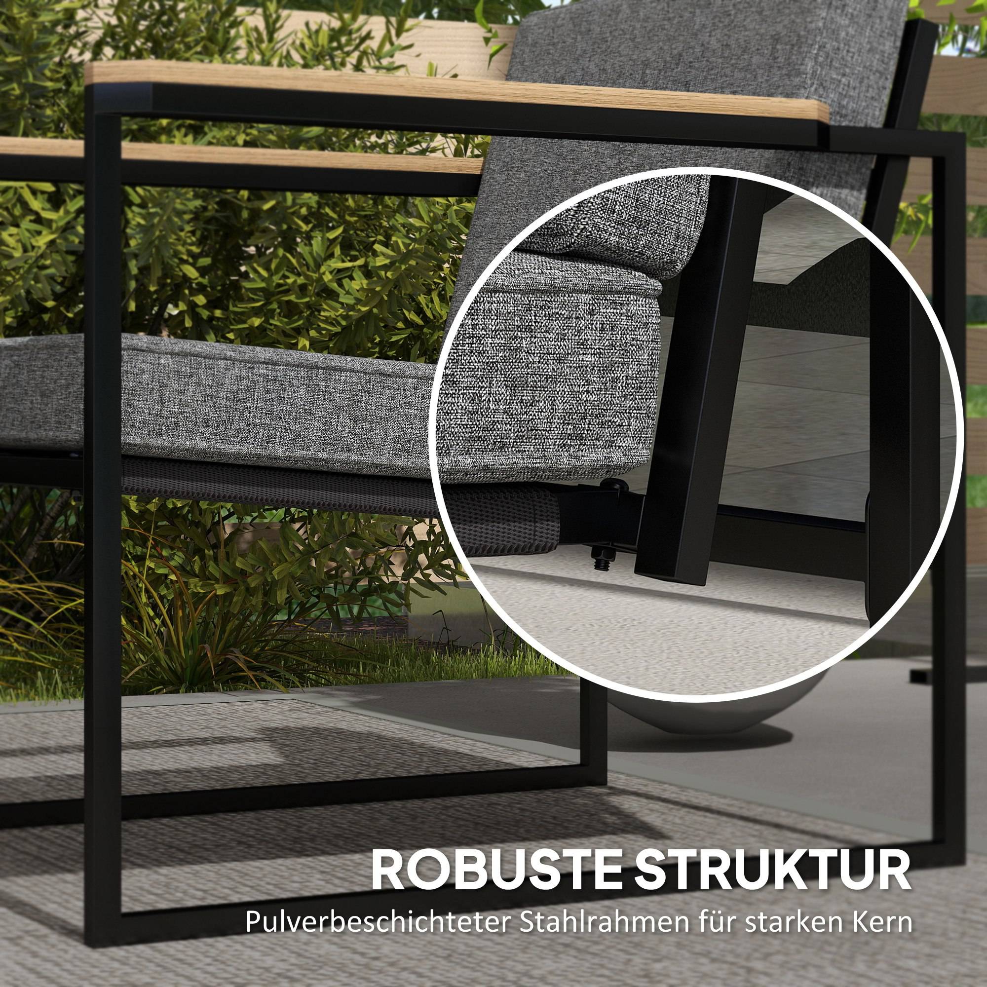 Mobilier de jardin 4 places : canapé 2 places + 2 fauteuils + coussins + table d'appoint, gris - Image 6