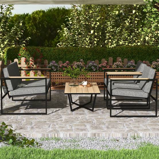 Mobilier de jardin 4 places : canapé 2 places + 2 fauteuils + coussins + table d'appoint, gris - Image 9