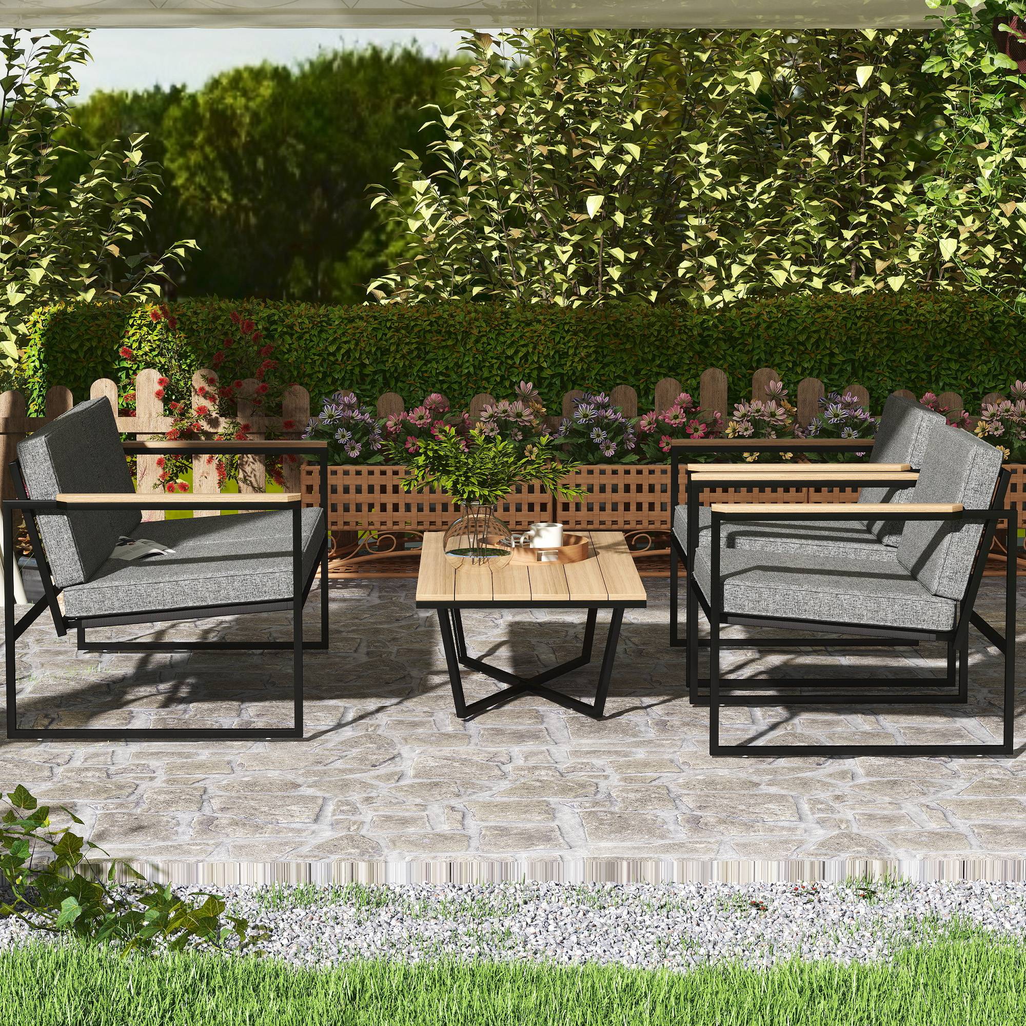 Mobilier de jardin 4 places : canapé 2 places + 2 fauteuils + coussins + table d'appoint, gris - Image 9