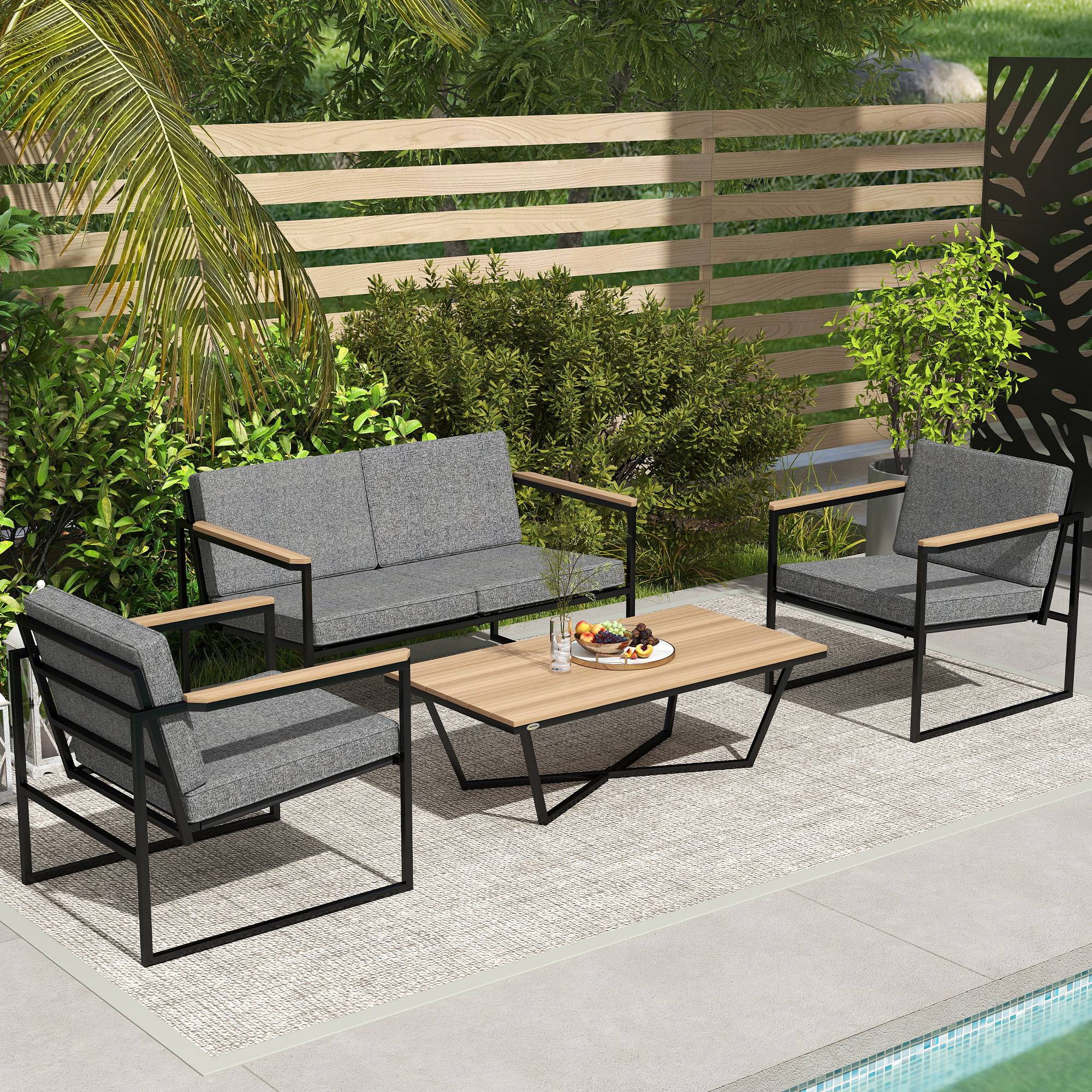 Mobilier de jardin 4 places : canapé 2 places + 2 fauteuils + coussins + table d'appoint, gris - Image 8