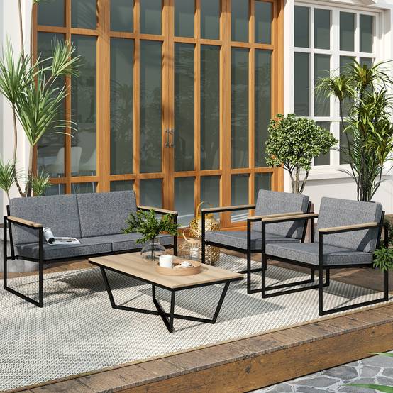 Mobilier de jardin 4 places : canapé 2 places + 2 fauteuils + coussins + table d'appoint, gris - Image 2