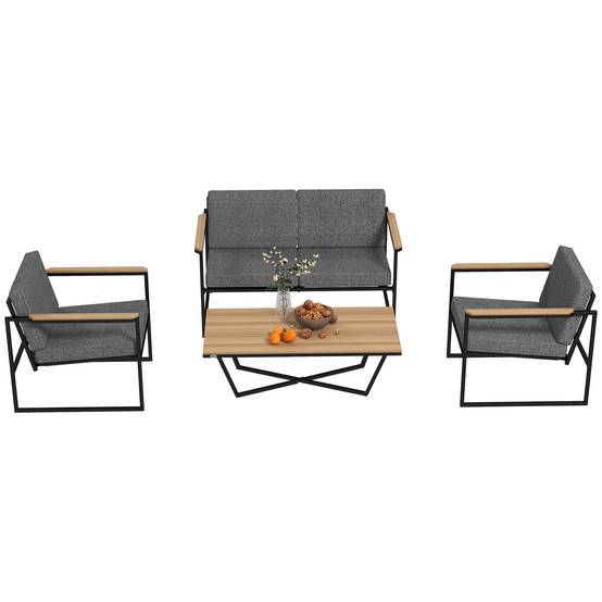 Mobilier de jardin 4 places : canapé 2 places + 2 fauteuils + coussins + table d'appoint, gris - Image 1