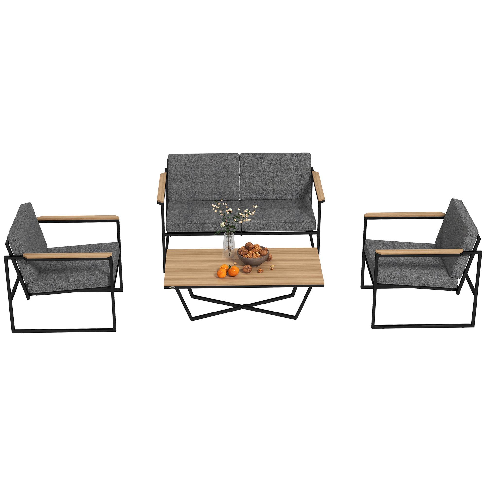Mobilier de jardin 4 places : canapé 2 places + 2 fauteuils + coussins + table d'appoint, gris - Image 1