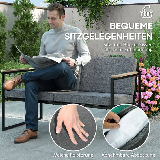 Mobilier de jardin 4 places : canapé 2 places + 2 fauteuils + coussins + table d'appoint, gris - Image 5