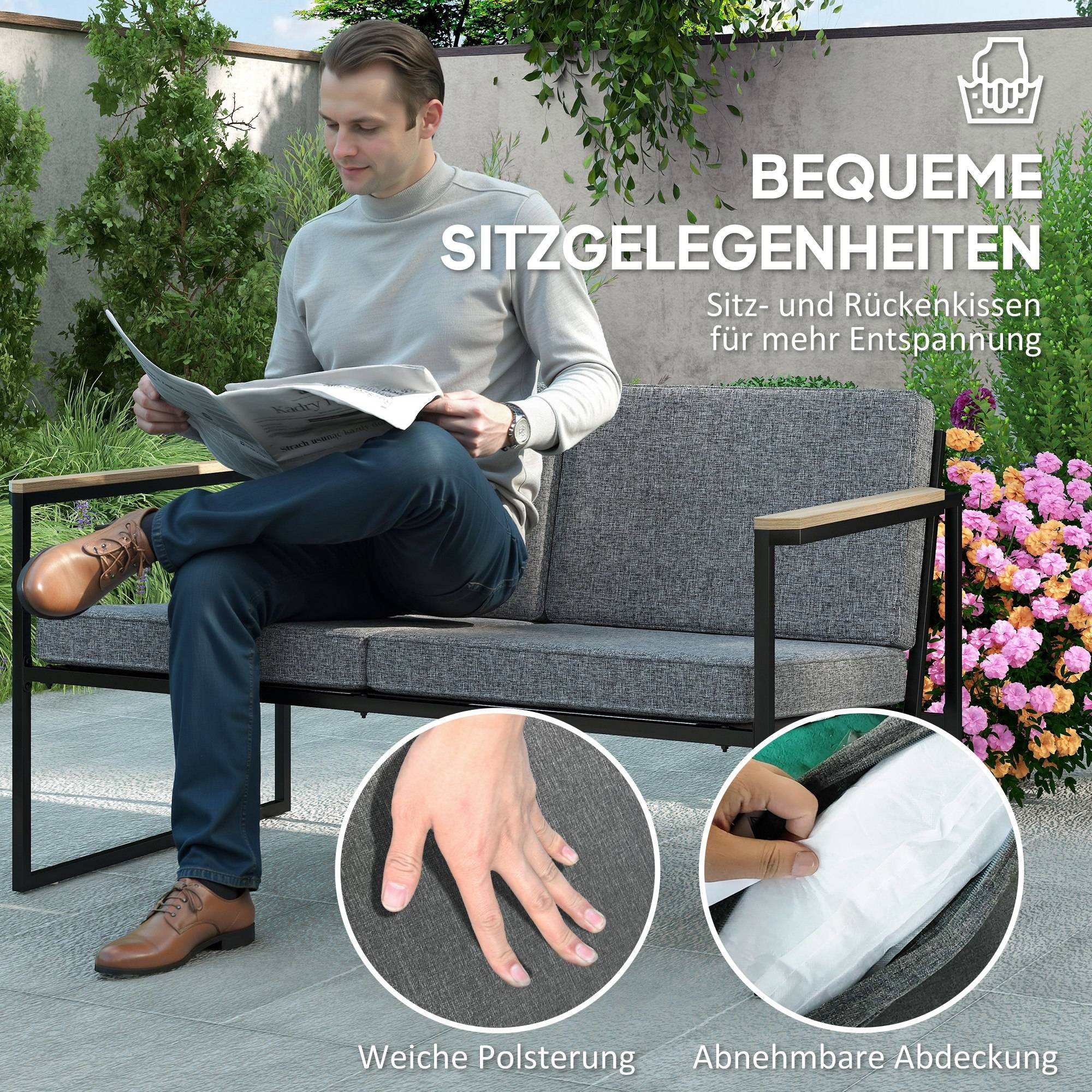 Mobilier de jardin 4 places : canapé 2 places + 2 fauteuils + coussins + table d'appoint, gris - Image 5