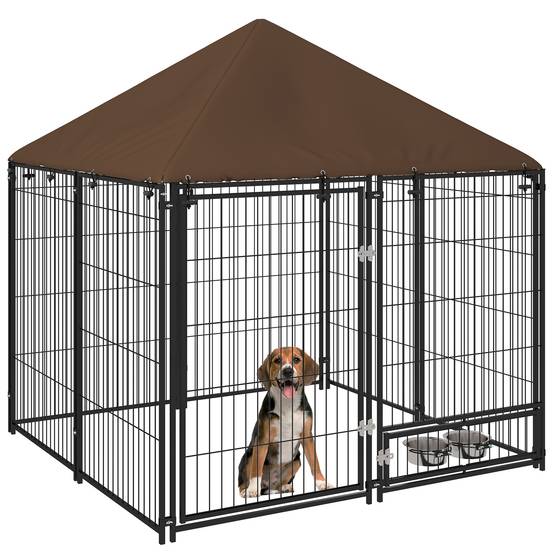 Chenil extérieur en métal pour chiens avec toit imperméable 141x141cm Café - ComfortXL Outdoor Living - Image 1