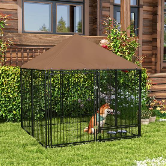 Chenil extérieur en métal pour chiens avec toit imperméable 141x141cm Café - ComfortXL Outdoor Living - Image 3