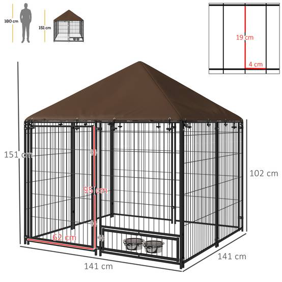 Chenil extérieur en métal pour chiens avec toit imperméable 141x141cm Café - ComfortXL Outdoor Living - Image 5