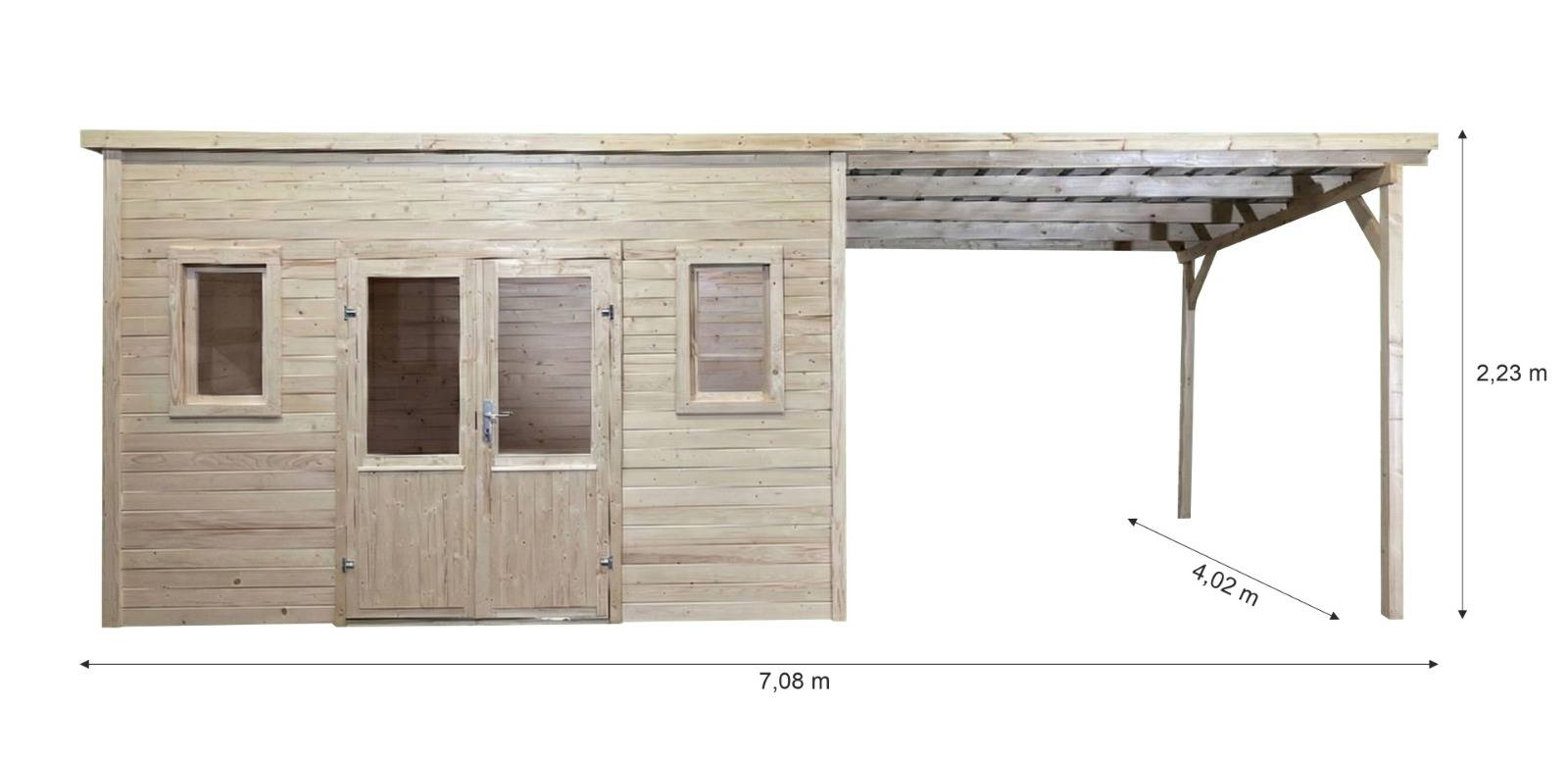 Habrita - Abri Madriers bois massif - 28 mm- surface extérieur 28,46 m2 avec bûcher - Toit plat - bac acier - Image 4