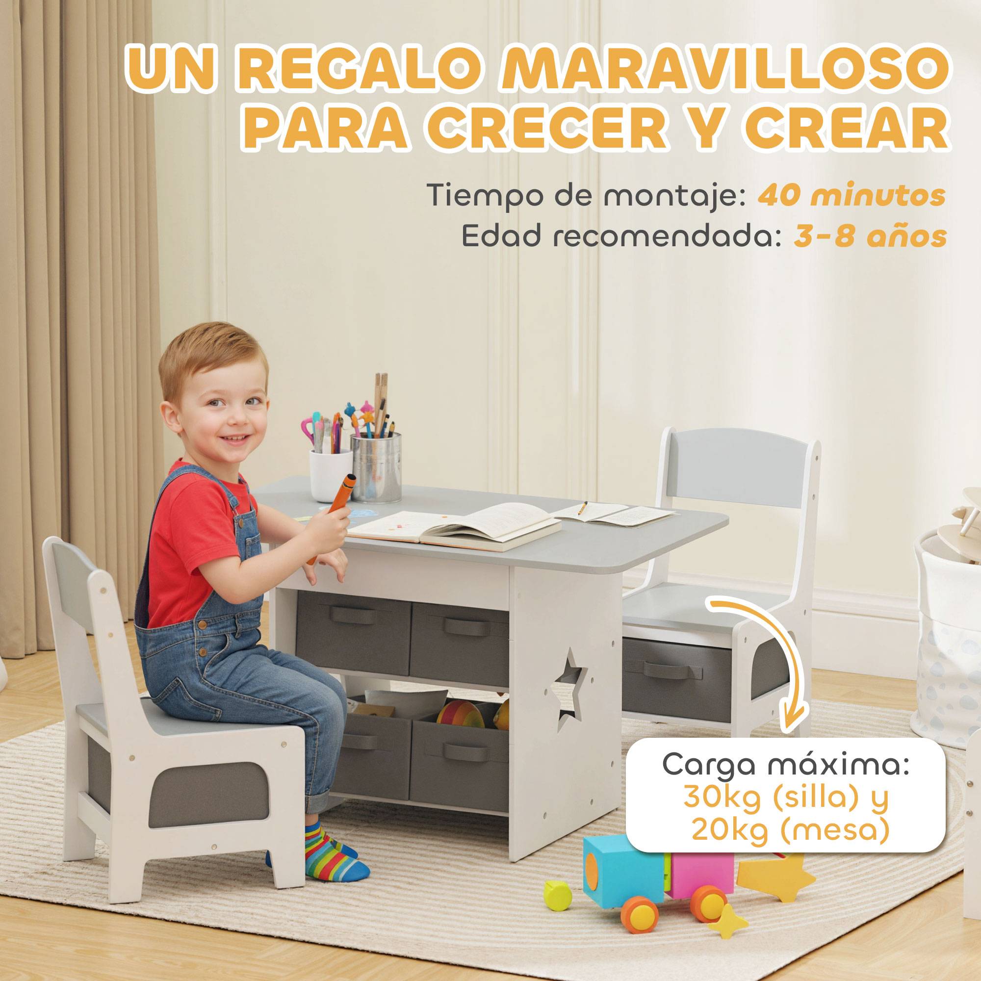 Table enfant avec 2 chaises et 6 tiroirs en tissu, motif étoiles, pour garçons et filles de 3 à 8 ans, gris clair - Image 10