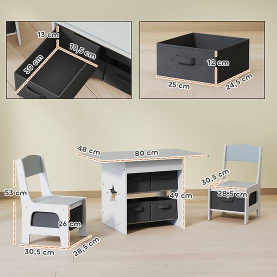 Table enfant avec 2 chaises et 6 tiroirs en tissu, motif étoiles, pour garçons et filles de 3 à 8 ans, gris clair - Image 5