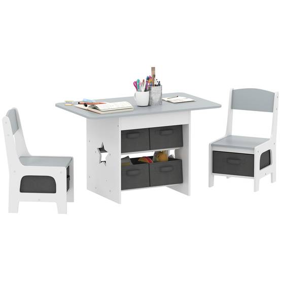 Table enfant avec 2 chaises et 6 tiroirs en tissu, motif étoiles, pour garçons et filles de 3 à 8 ans, gris clair - Image 1
